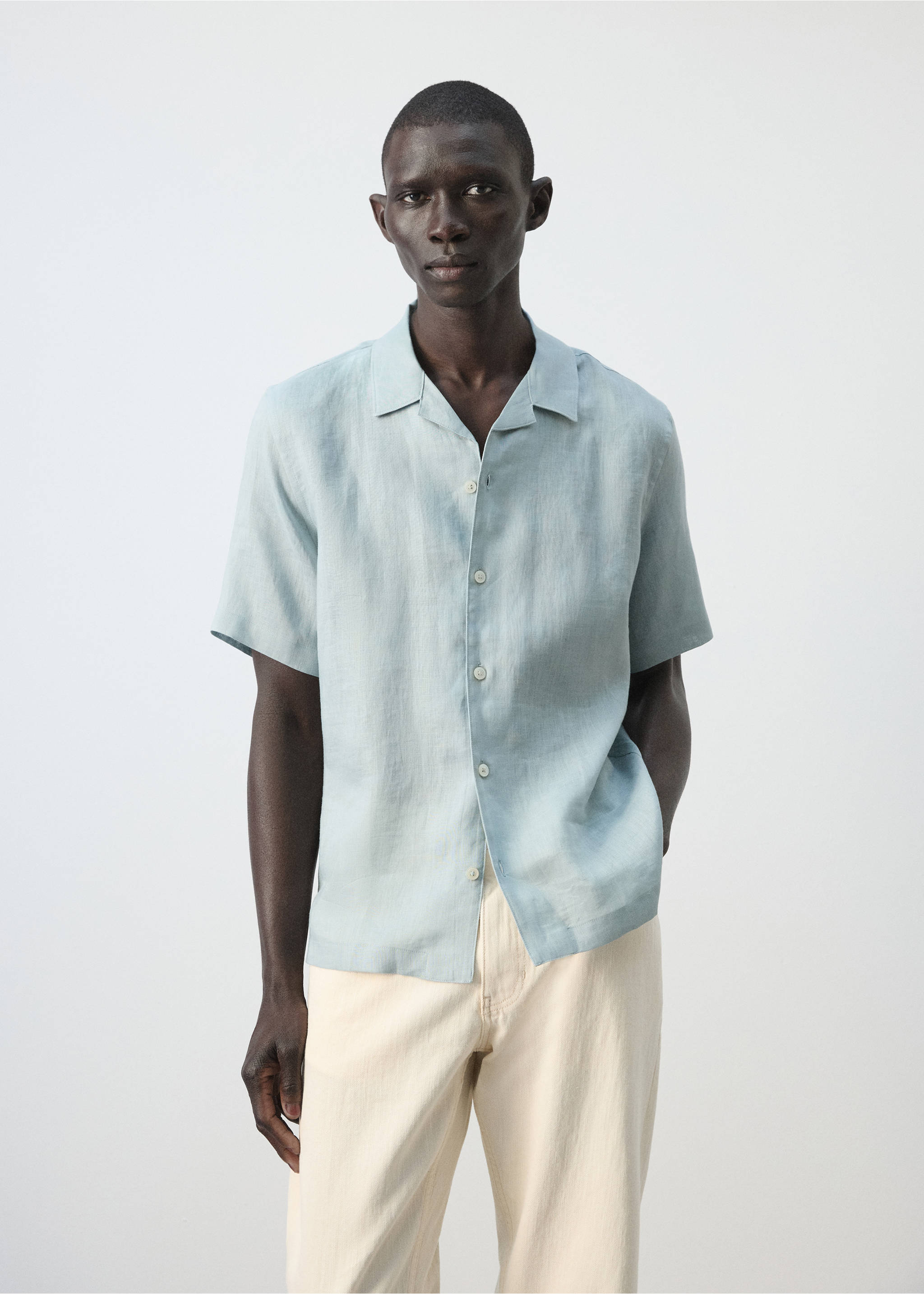 100% linen bowling-collar shirt - Medium plane, China Blue. Ref: 27075948-00.