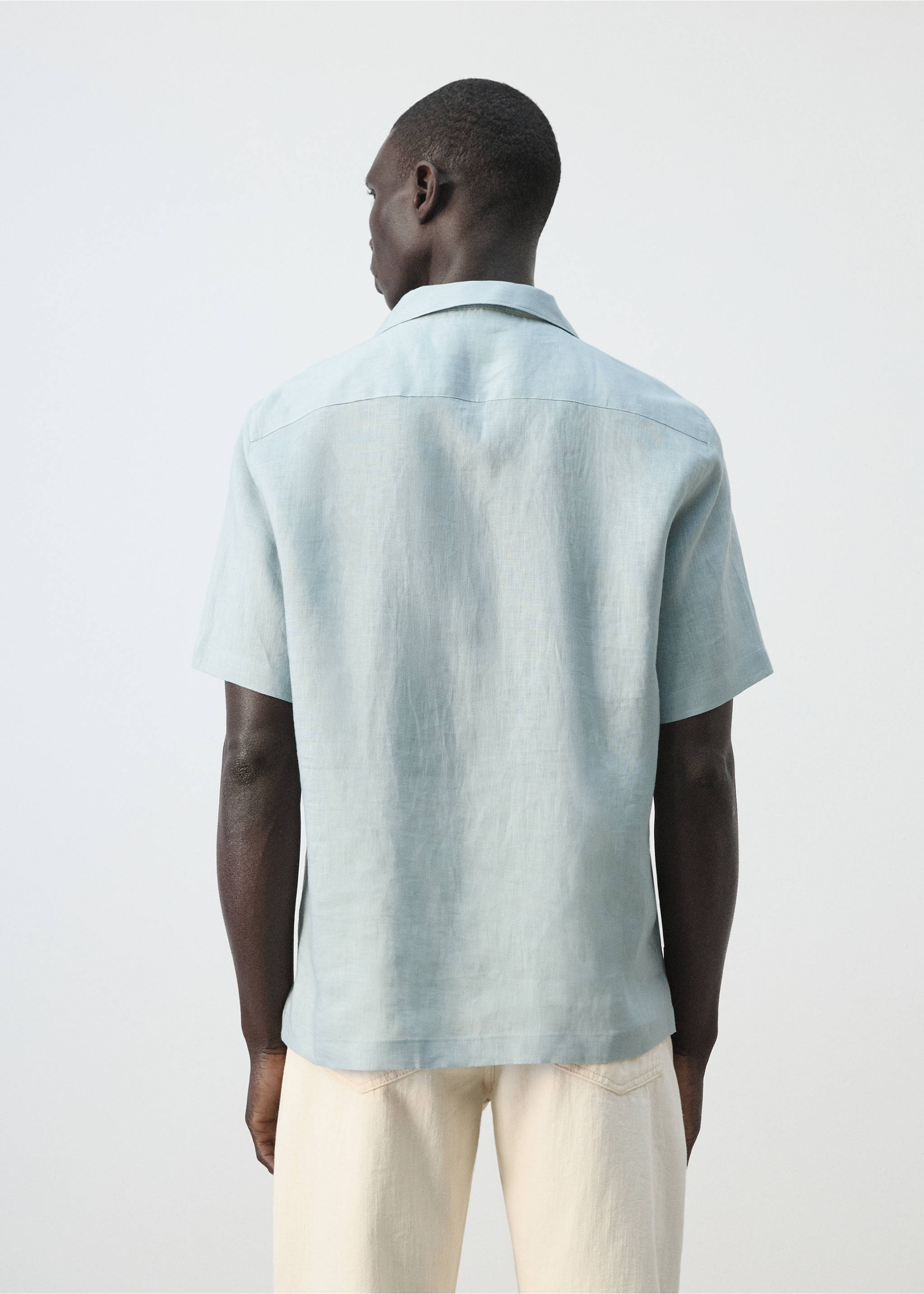 100% linen bowling-collar shirt - Reverse of the article, China Blue. Ref: 27075948-00.