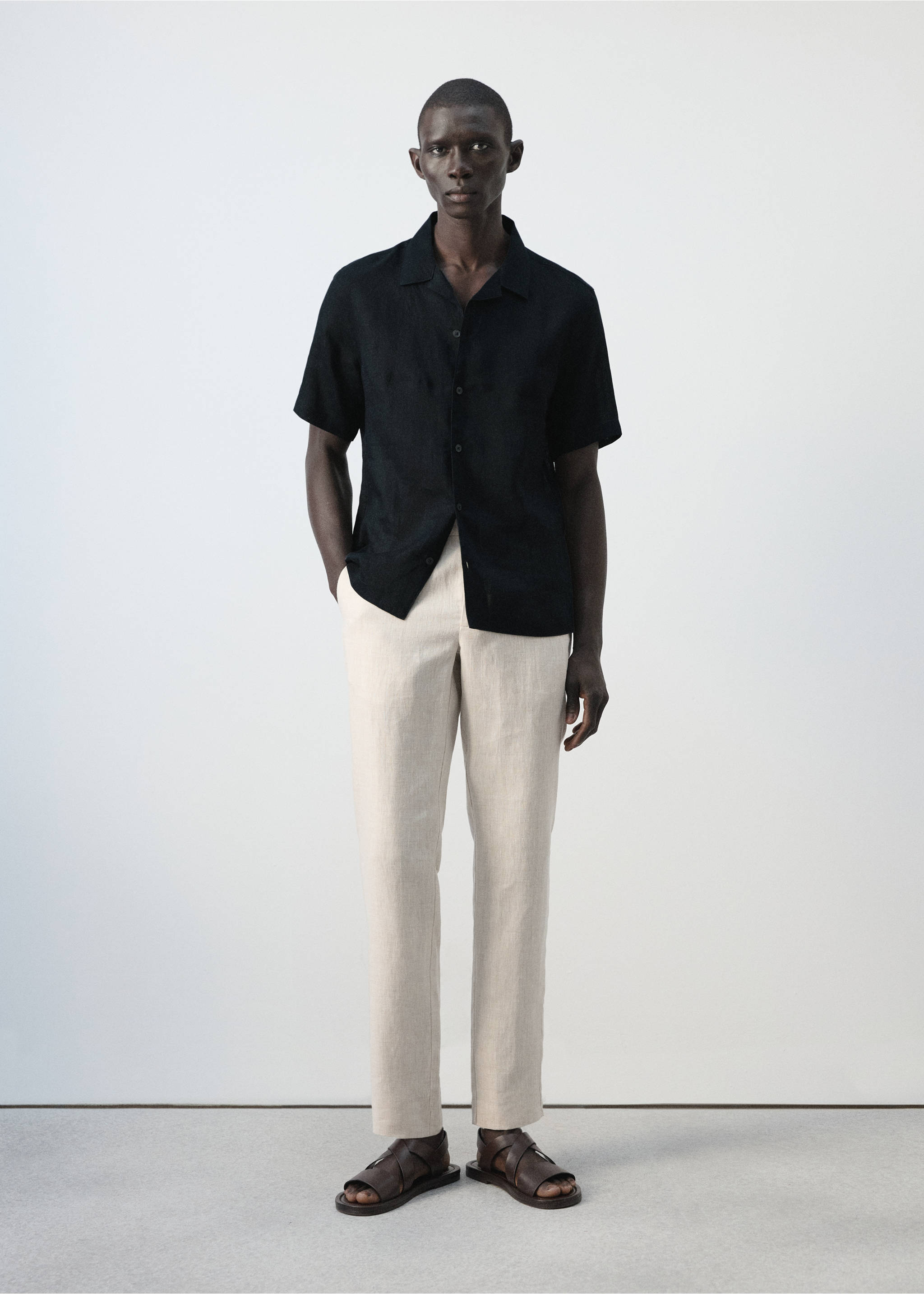 100% linen bowling-collar shirt - General plane, Navy. Ref: 27075948-00.