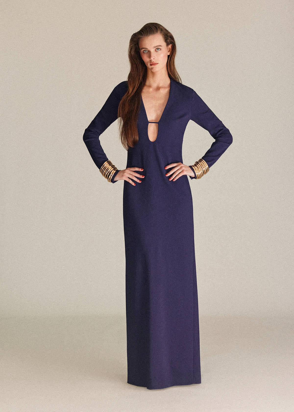 V-neckline long dress — Night Blue