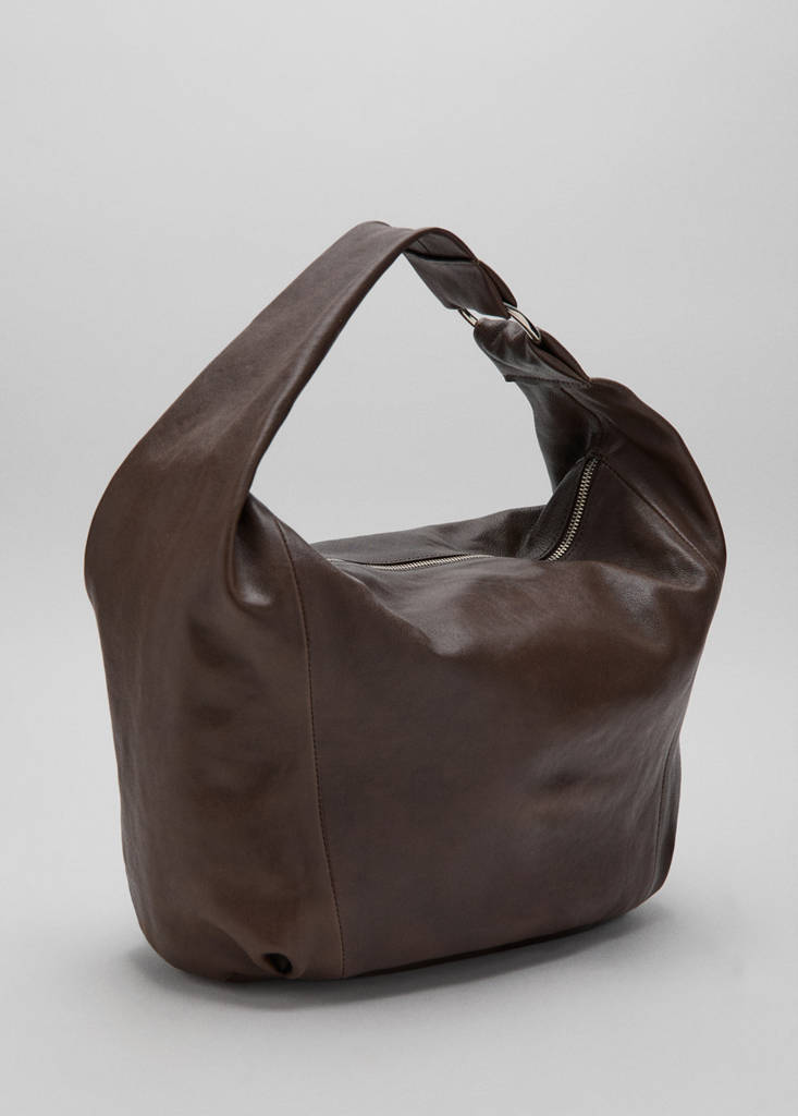 Ring detail leather drawstring bag — Chocolate