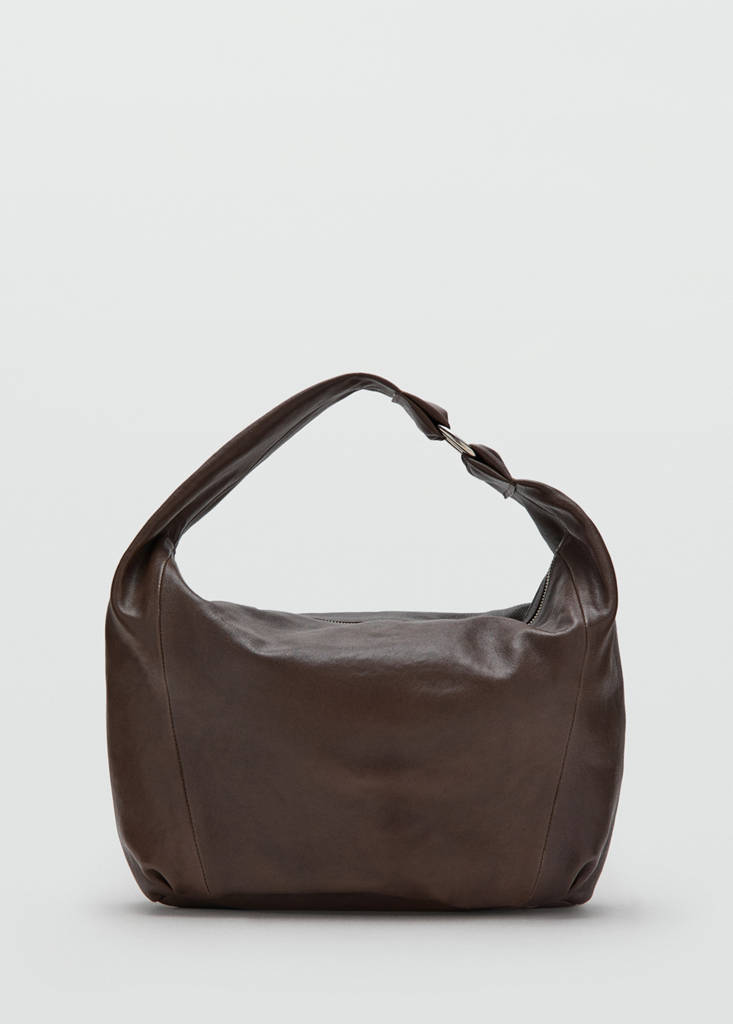 Ring detail leather drawstring bag — Chocolate