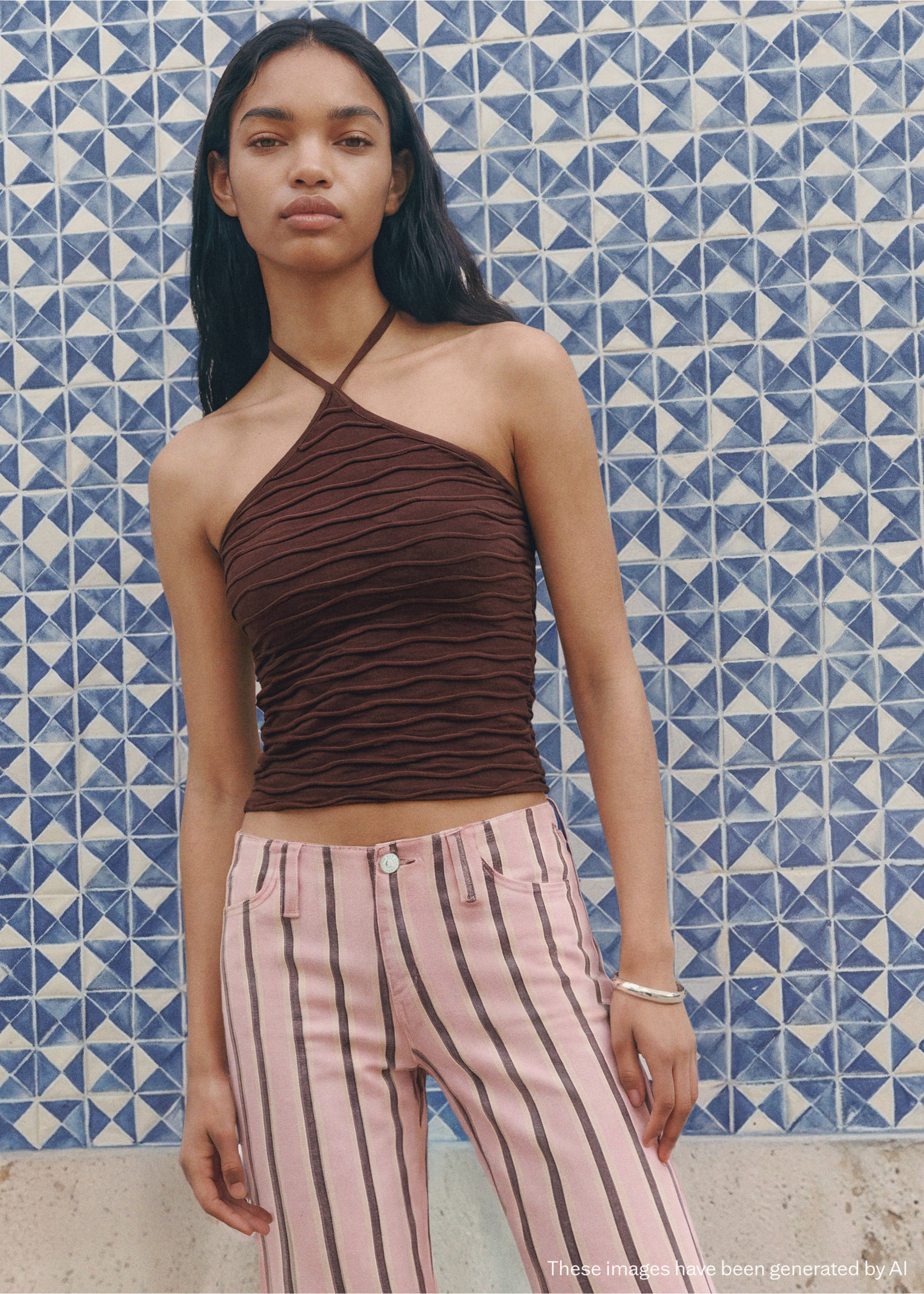 텍스처드 홀터 탑 - 중간 평면도, 브라운. Ref: 27076354-00.