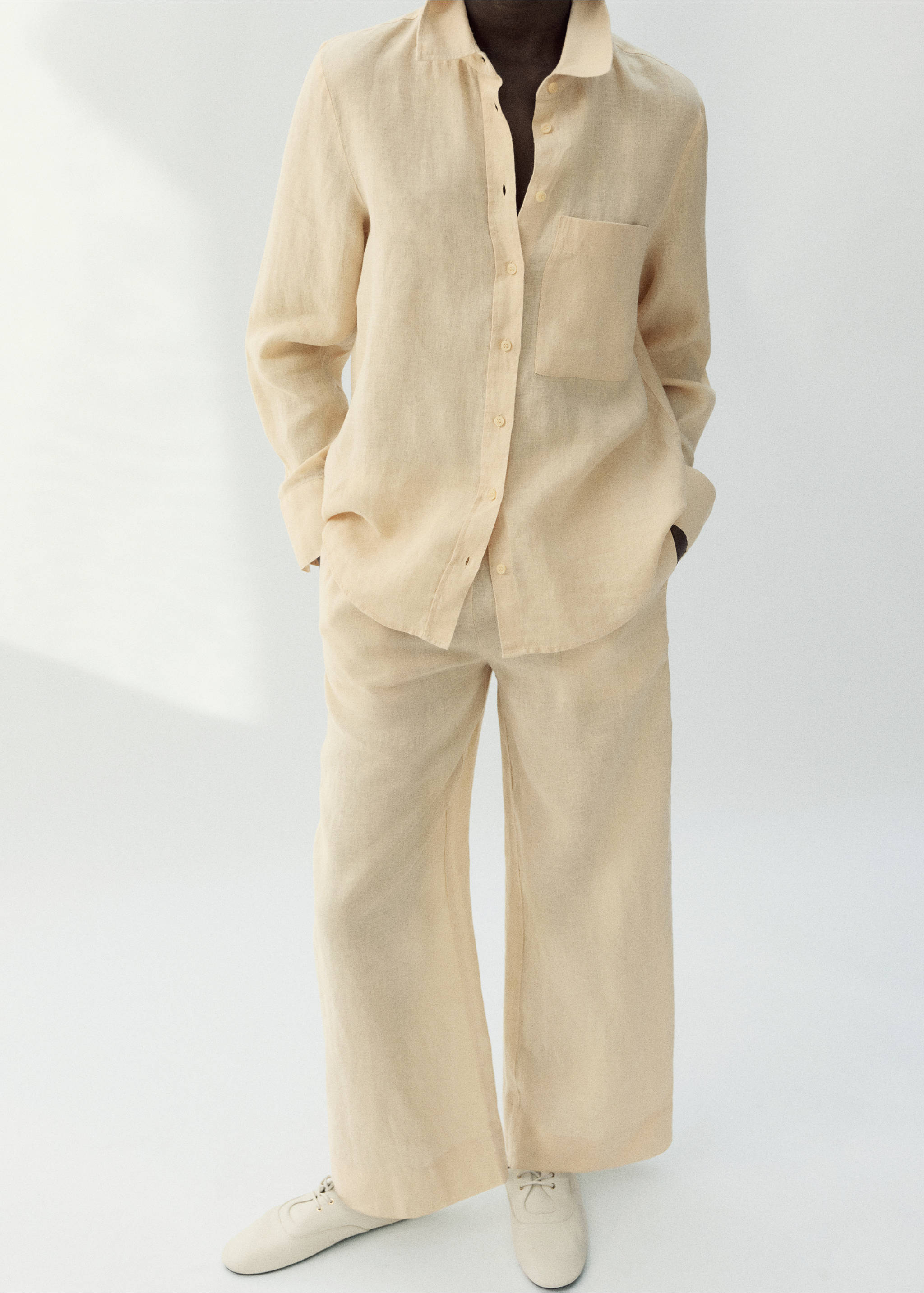 Straight linen-blend trousers - Medium plane, Pastel Yellow. Ref: 27076356-00.