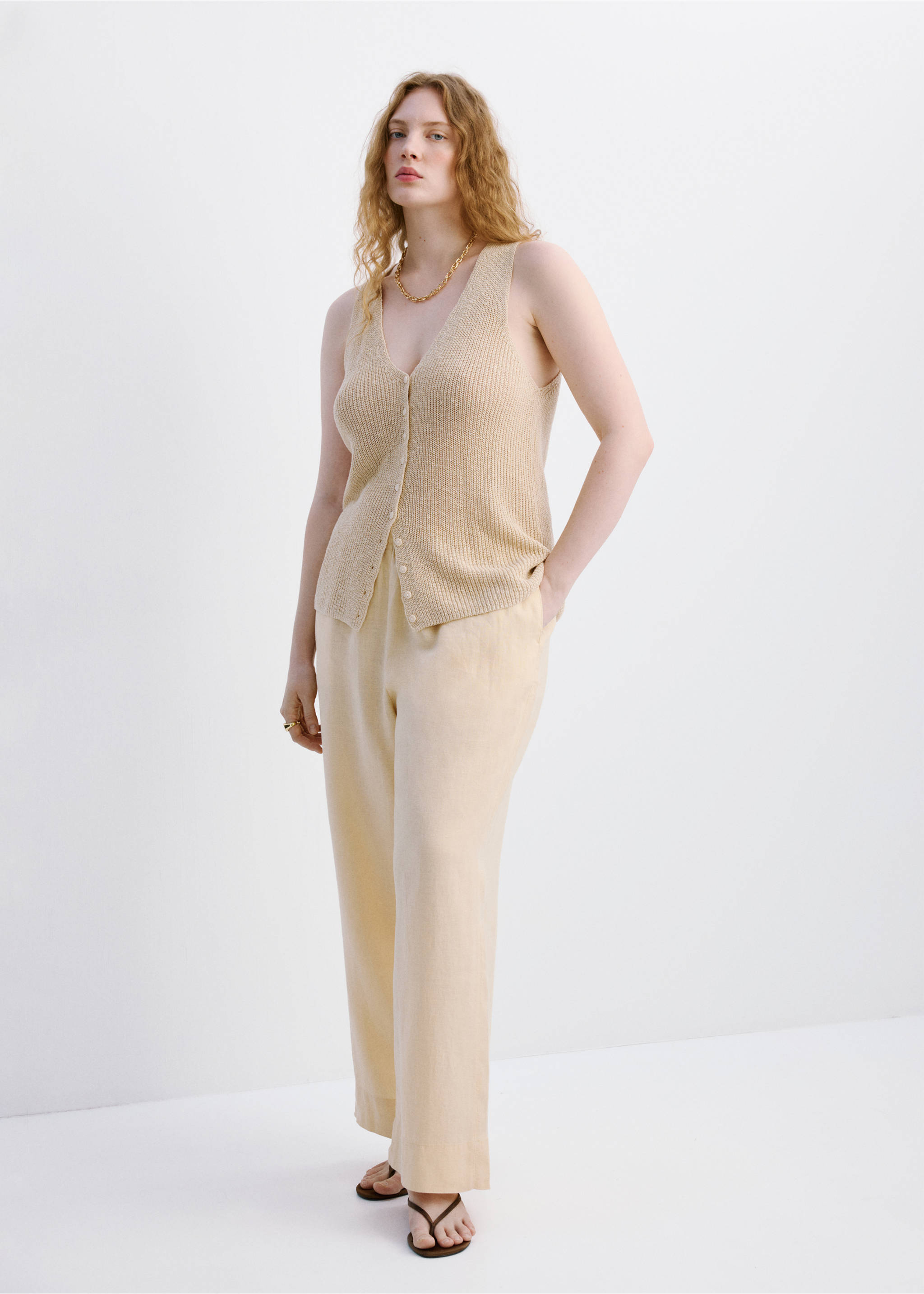 Straight linen-blend trousers - Details of the article 3, Pastel Yellow. Ref: 27076356-00.
