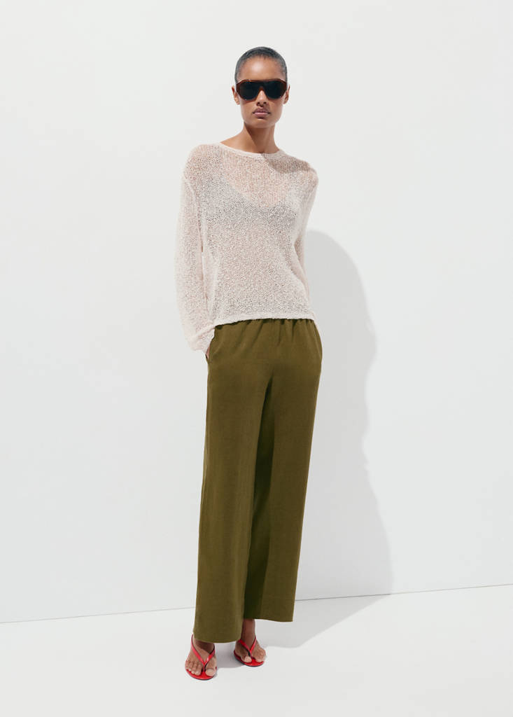 Straight linen-blend trousers — Olive Green
