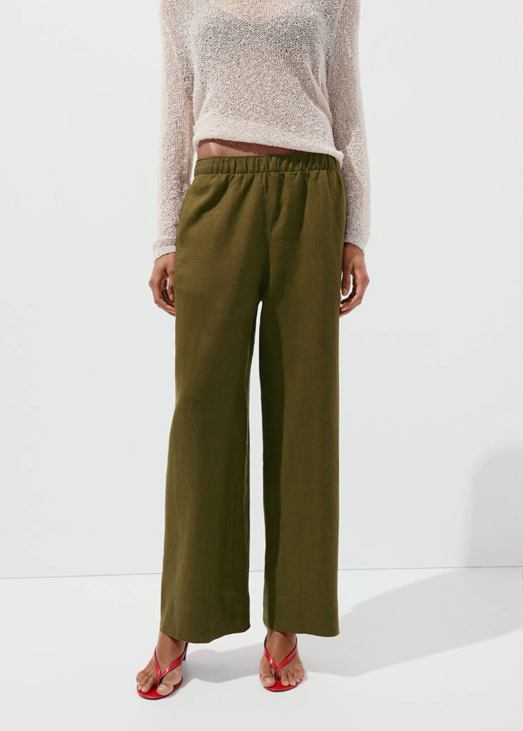 Straight linen-blend trousers — Olive Green