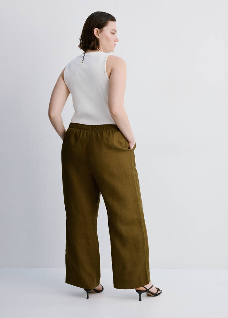 Straight linen-blend trousers — Olive Green