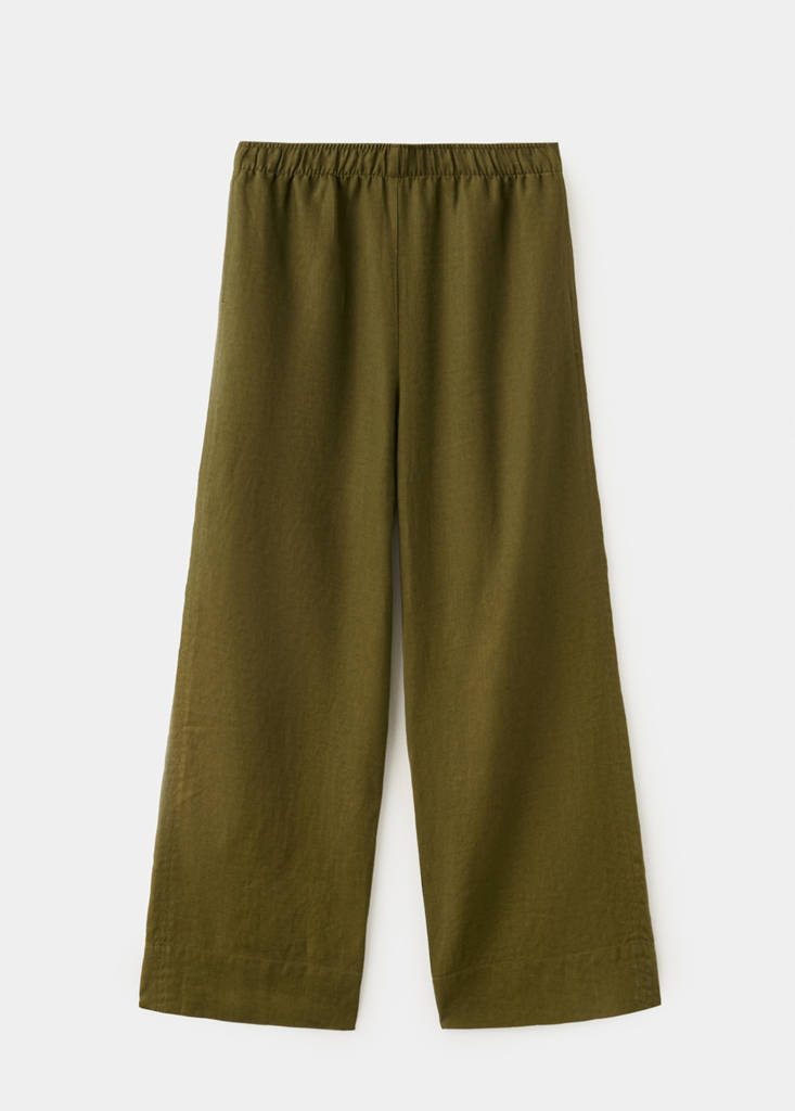 Straight linen-blend trousers — Olive Green