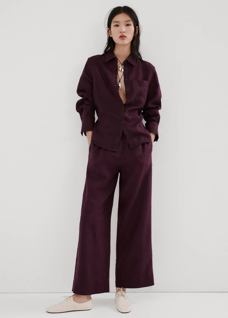 Straight linen-blend trousers — Plum