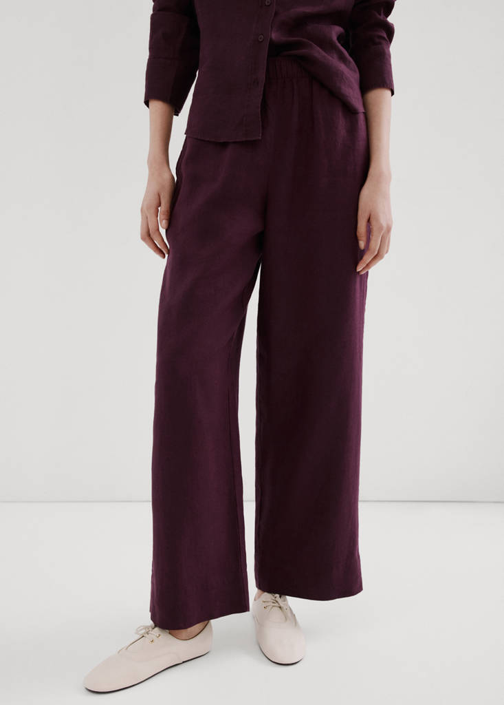 Straight linen-blend trousers — Plum