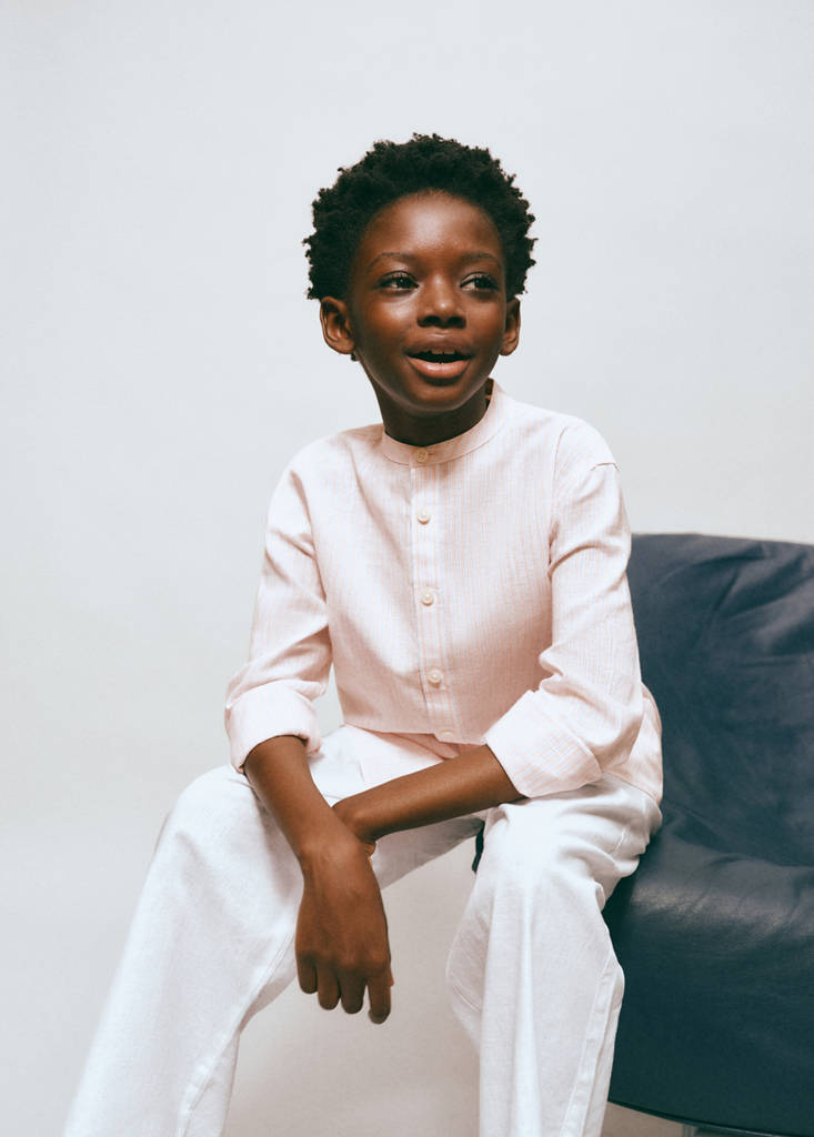 Striped linen shirt with combined stripes — Pale Pink