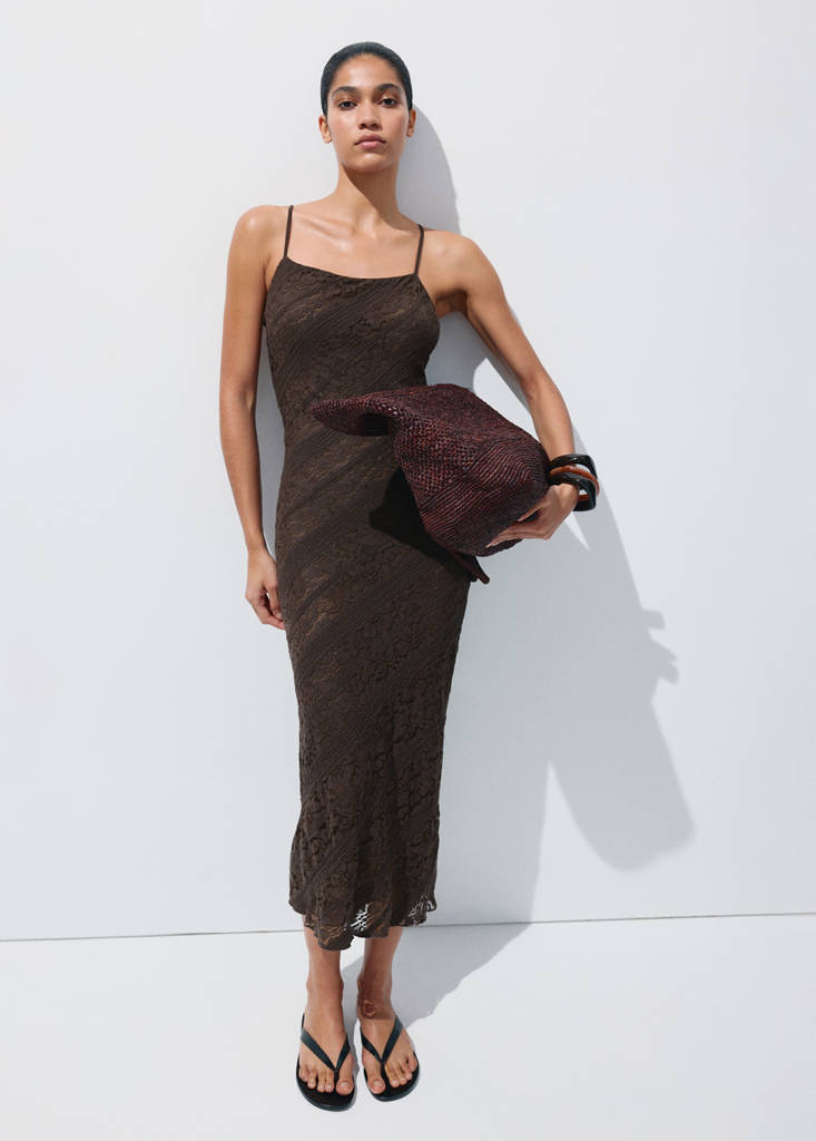 Semi-transparent lace long dress — Brown