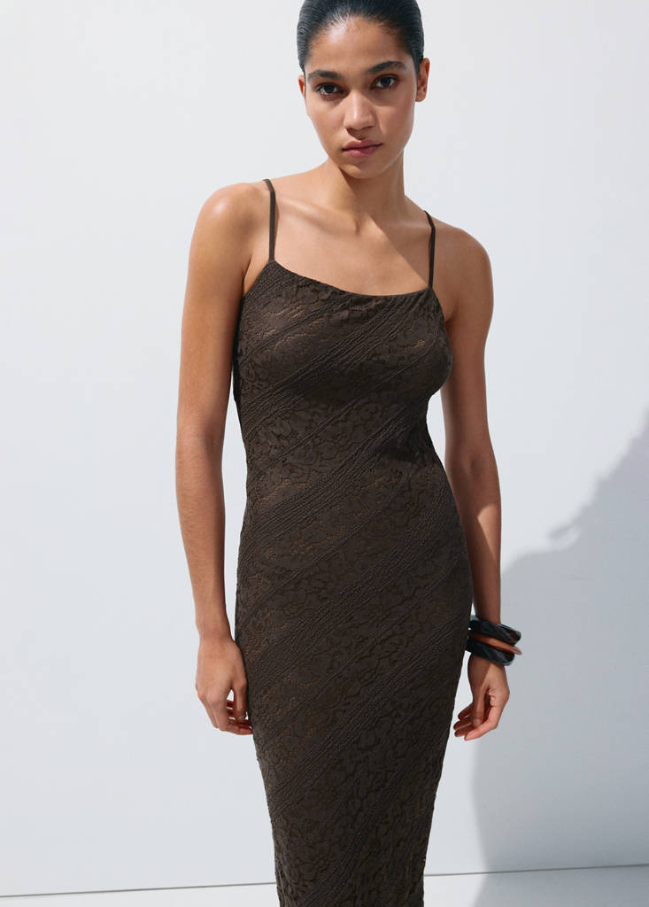 Semi-transparent lace long dress — Brown