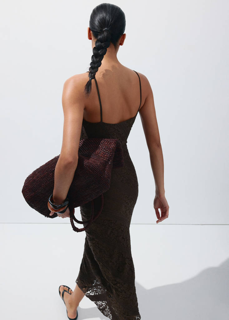 Semi-transparent lace long dress — Brown