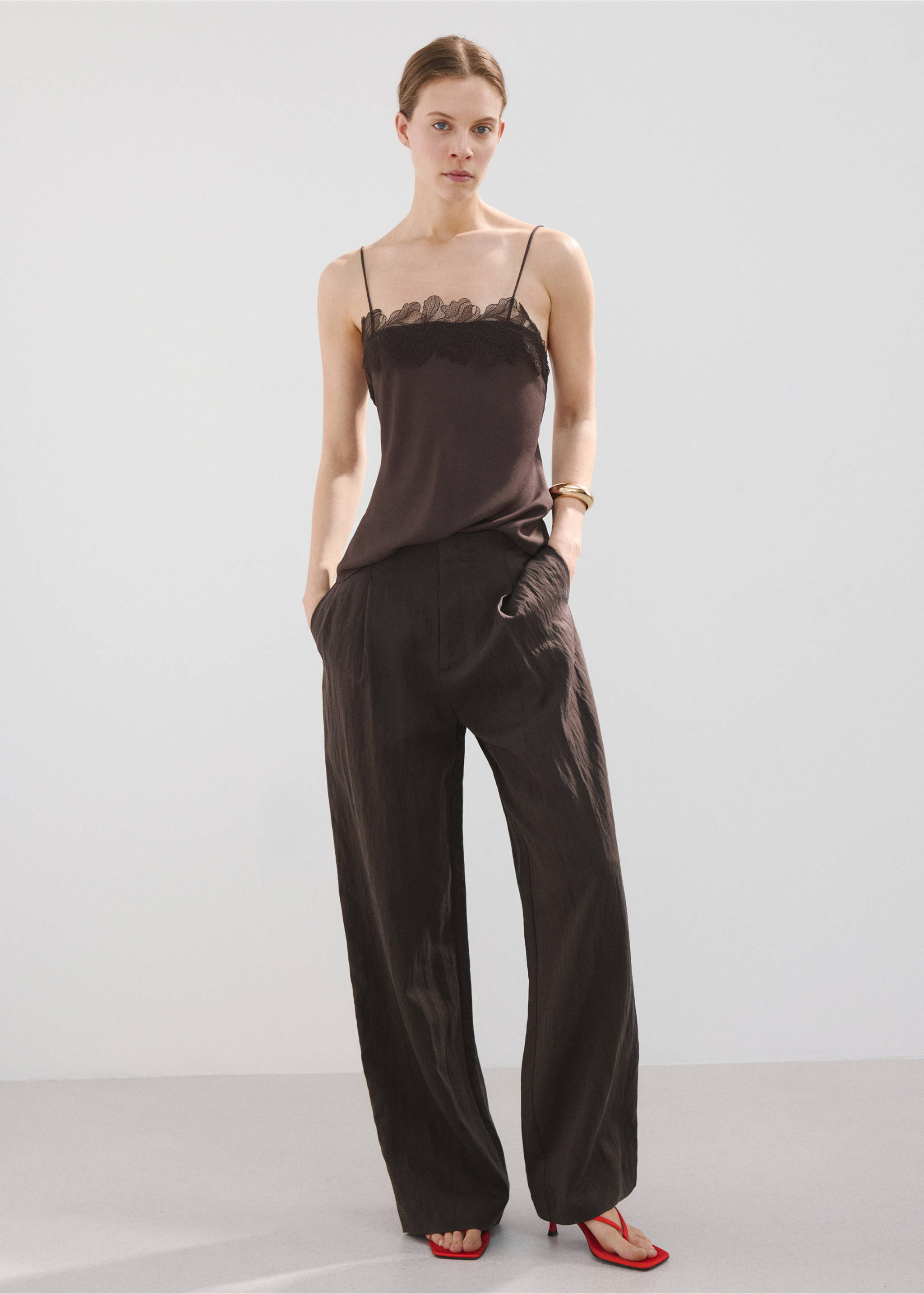 Lace trim top - General plane, Chocolate. Ref: 27077145-00.