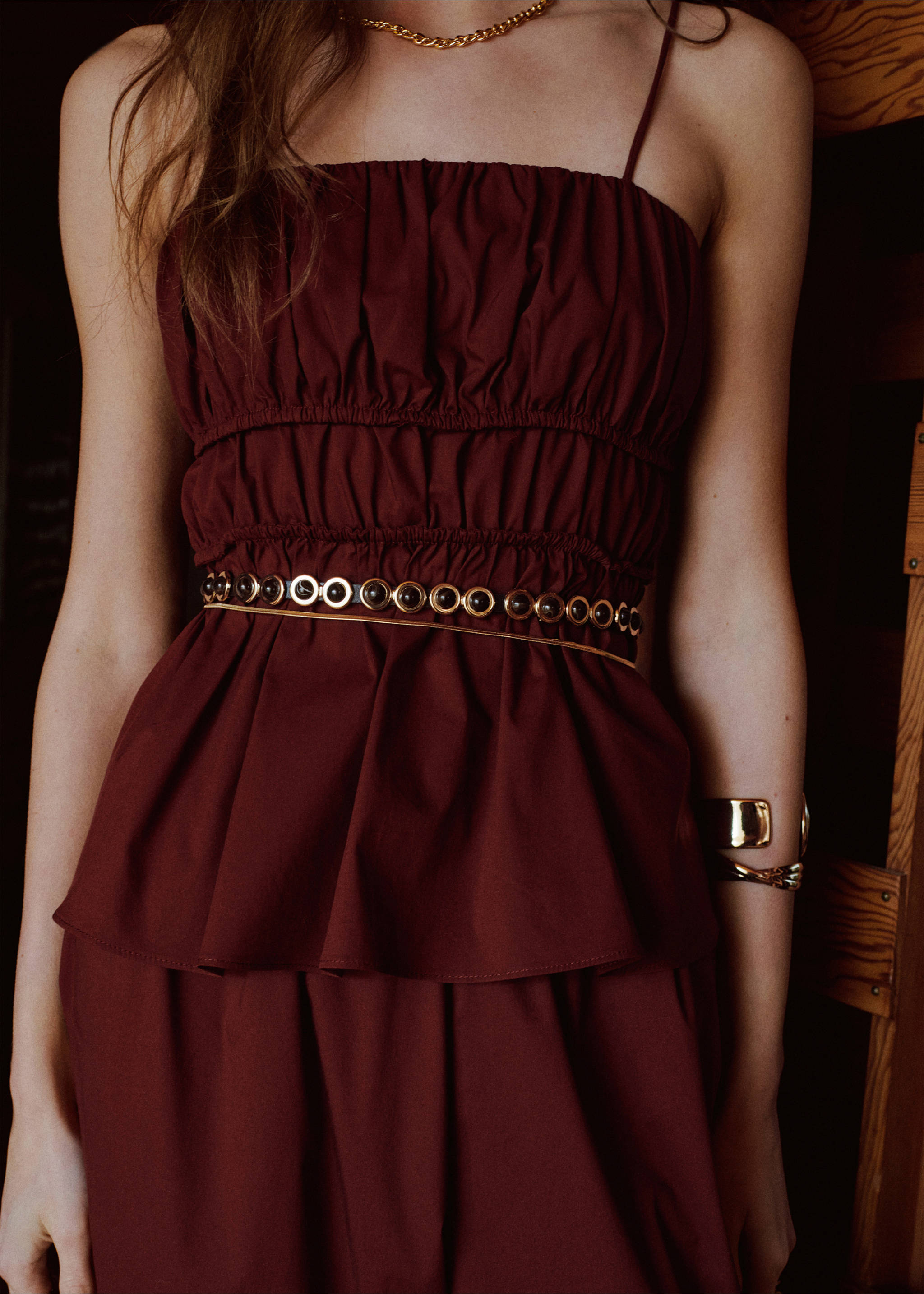 Ruched cotton top - Details of the article 1, Burnt Orange. Ref: 27077148-00.