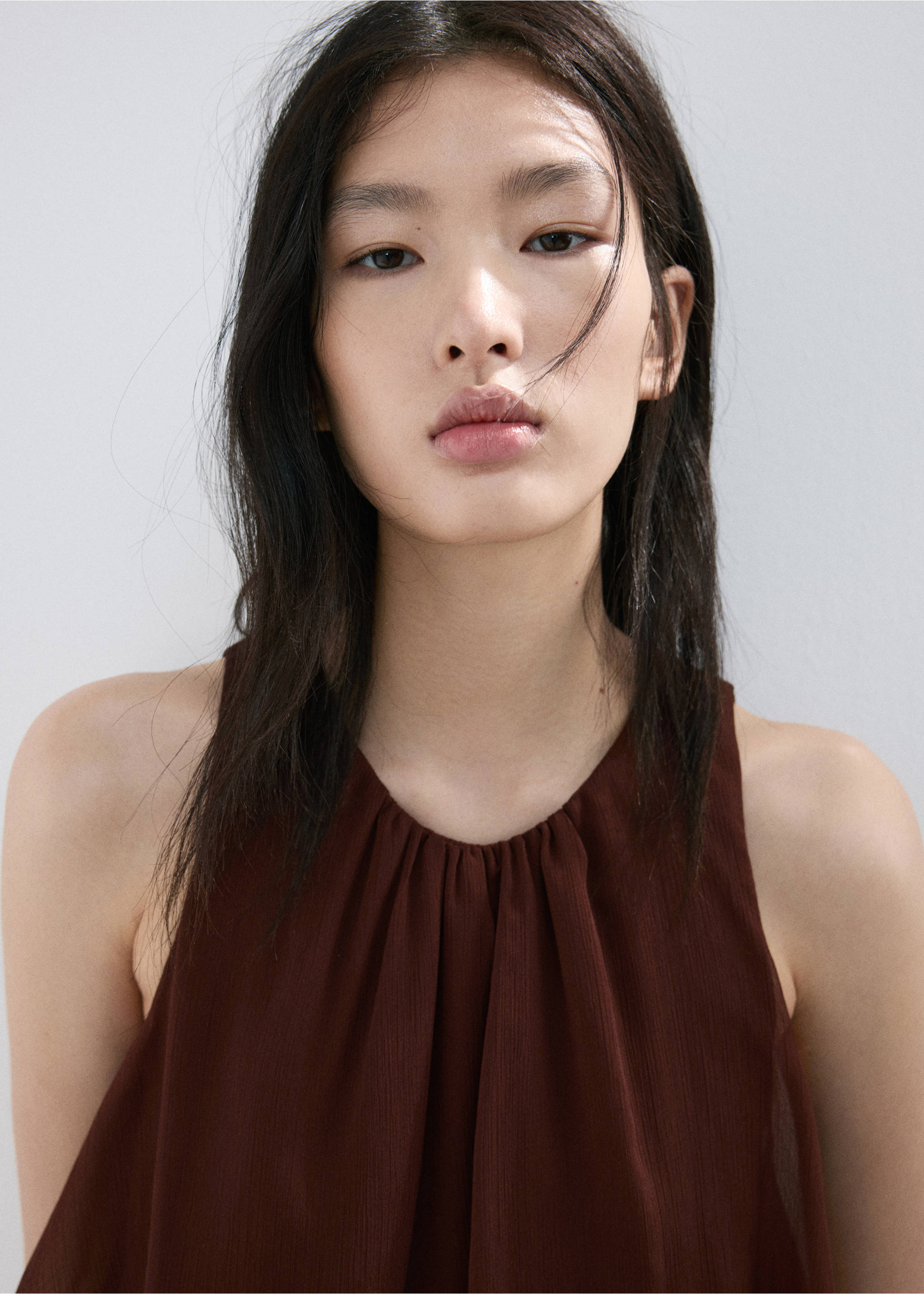 Ruffled draped dress - Details of the article 1, Chocolate. Ref: 27077149-00.