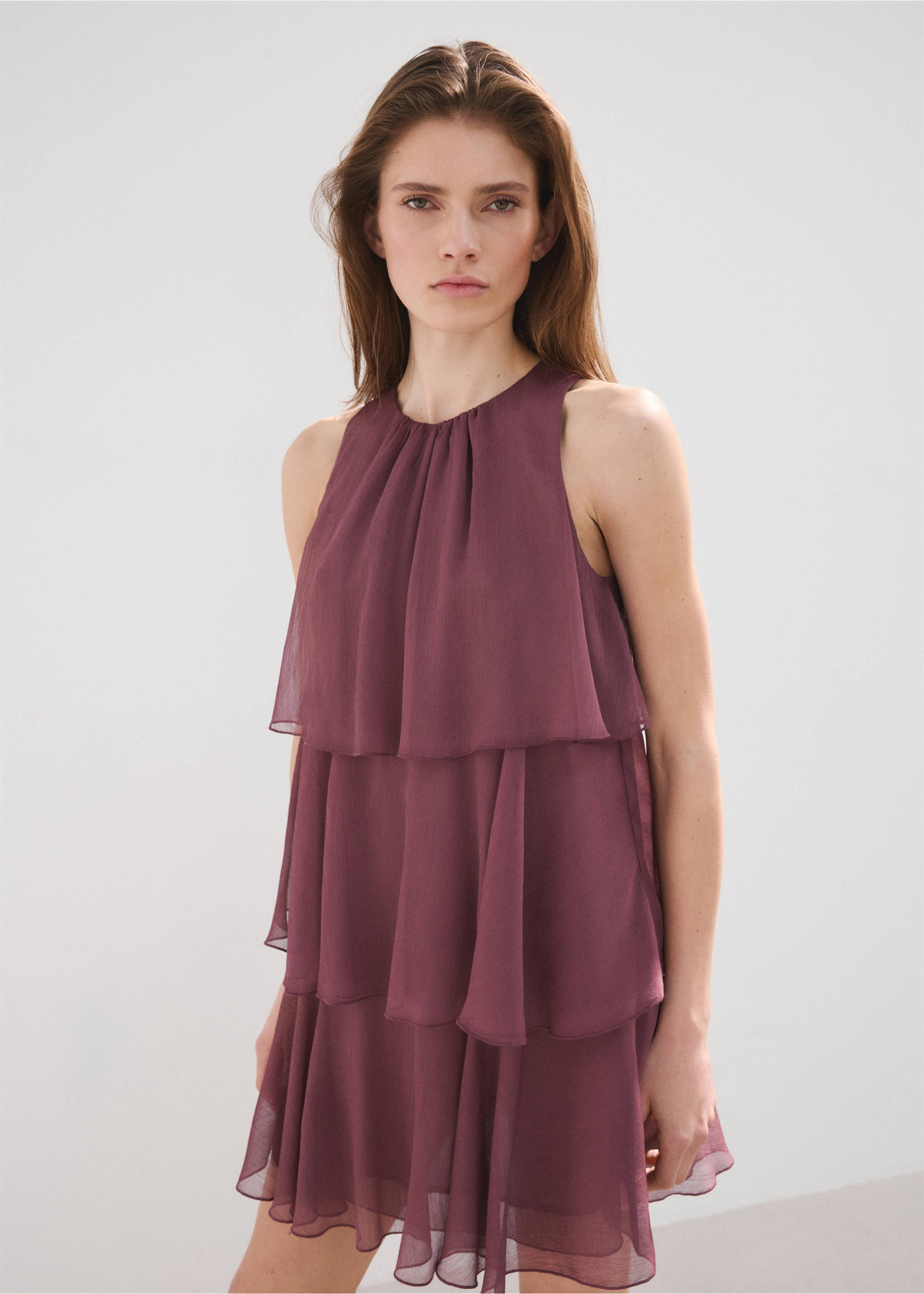 Ruffled draped dress - Medium plane, Burgundy. Ref: 27077149-00.