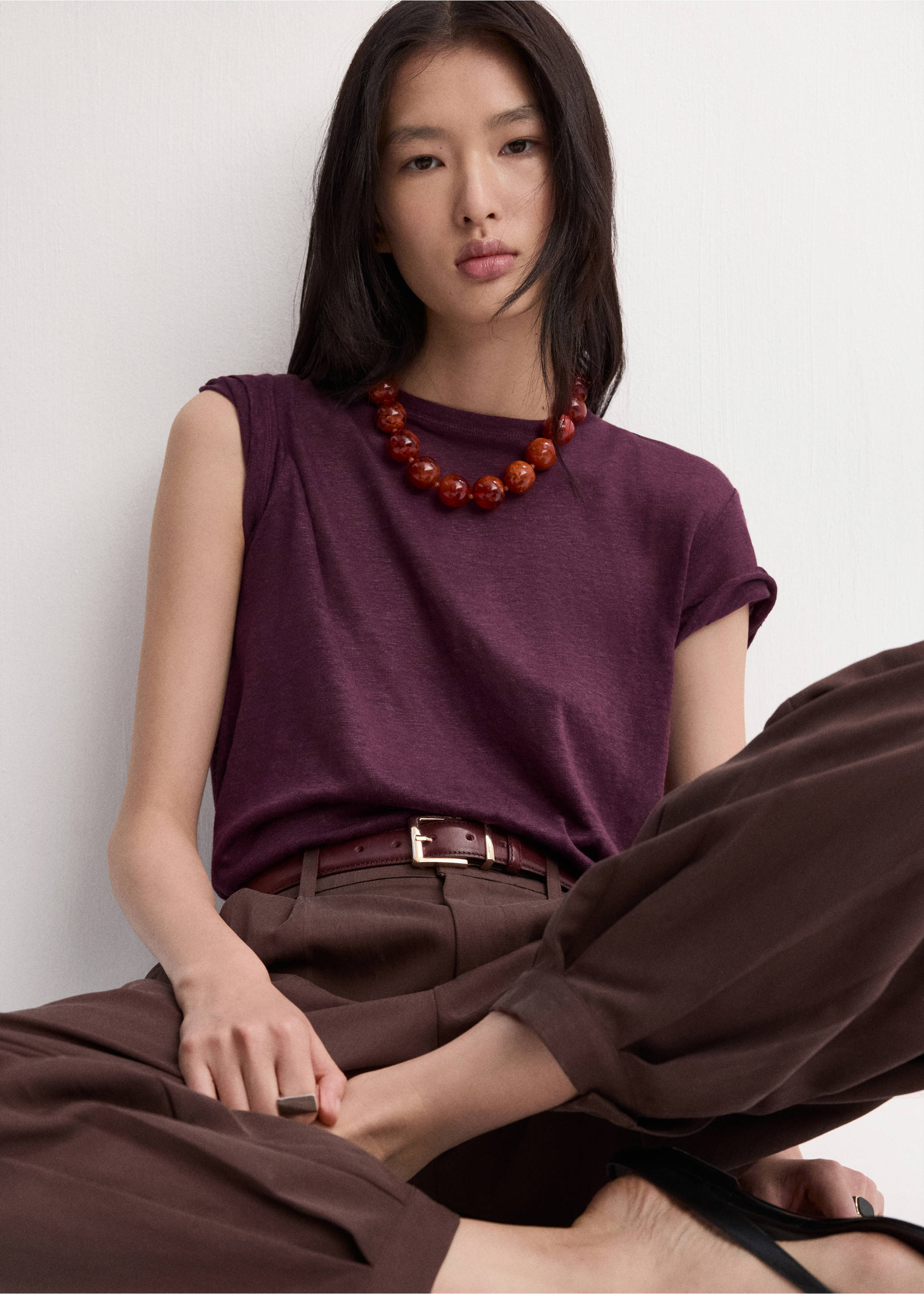 Short-sleeved linen t-shirt - Medium plane, Wine. Ref: 27077154-00.