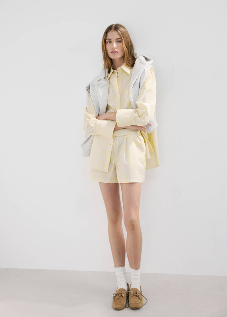 Striped poplin shorts with embroidered message — Yellow