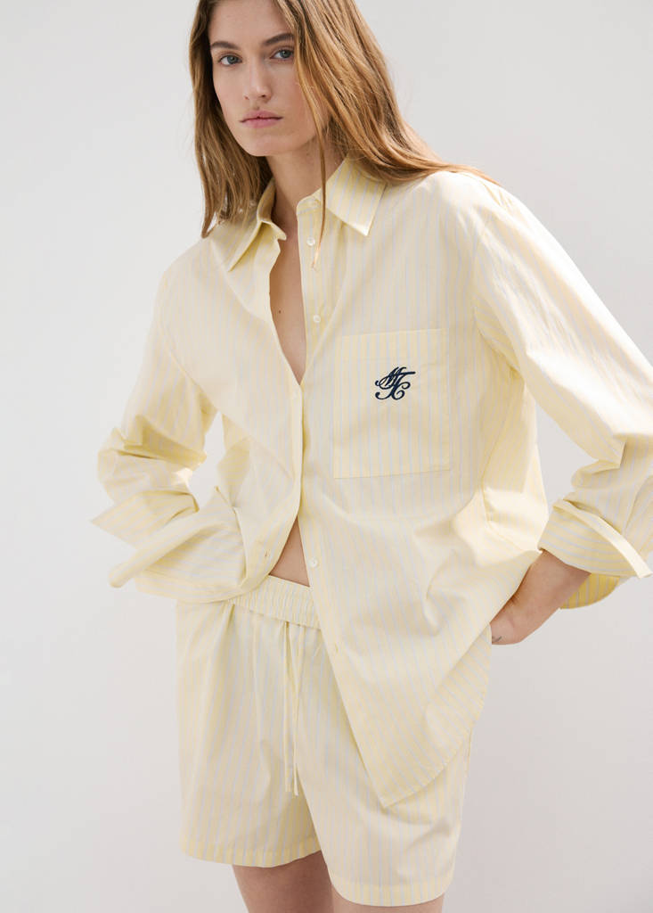 Striped poplin shorts with embroidered message — Yellow