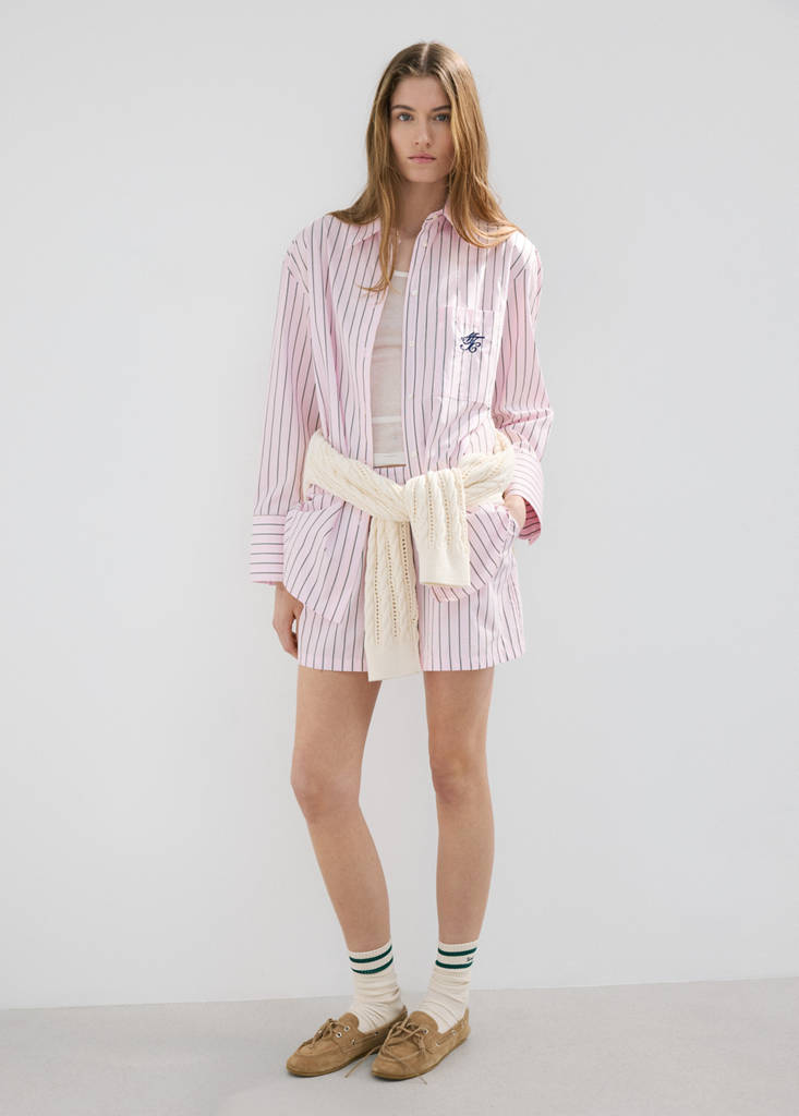 Striped poplin shorts with embroidered message — Pastel Pink