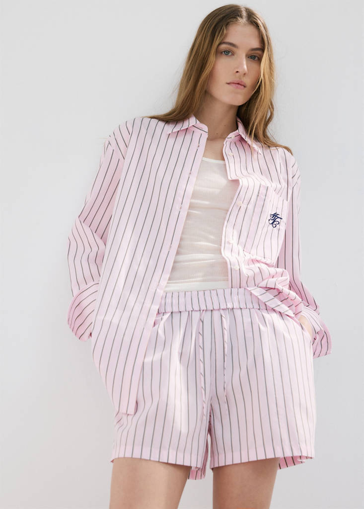 Striped poplin shorts with embroidered message — Pastel Pink