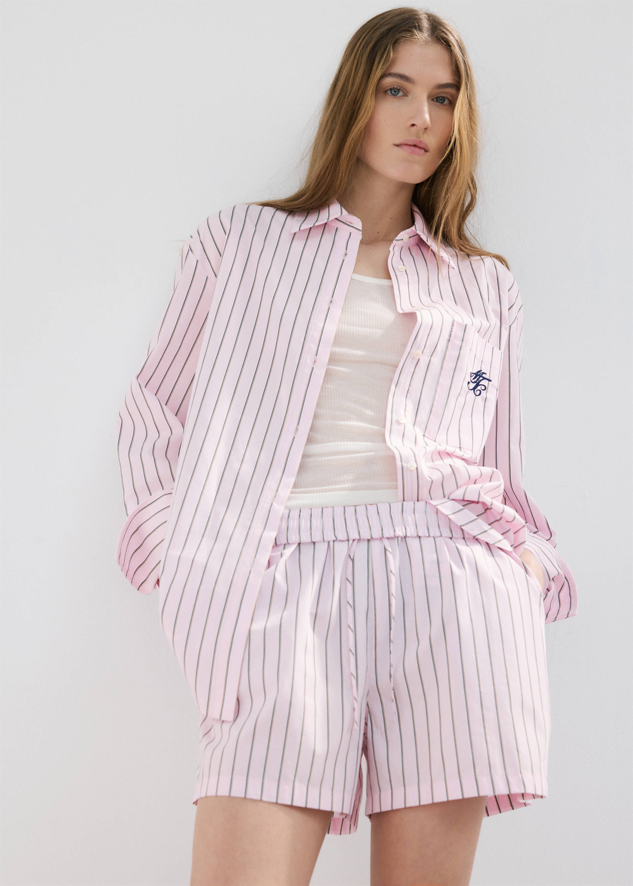 Striped poplin shorts with embroidered message - Medium plane