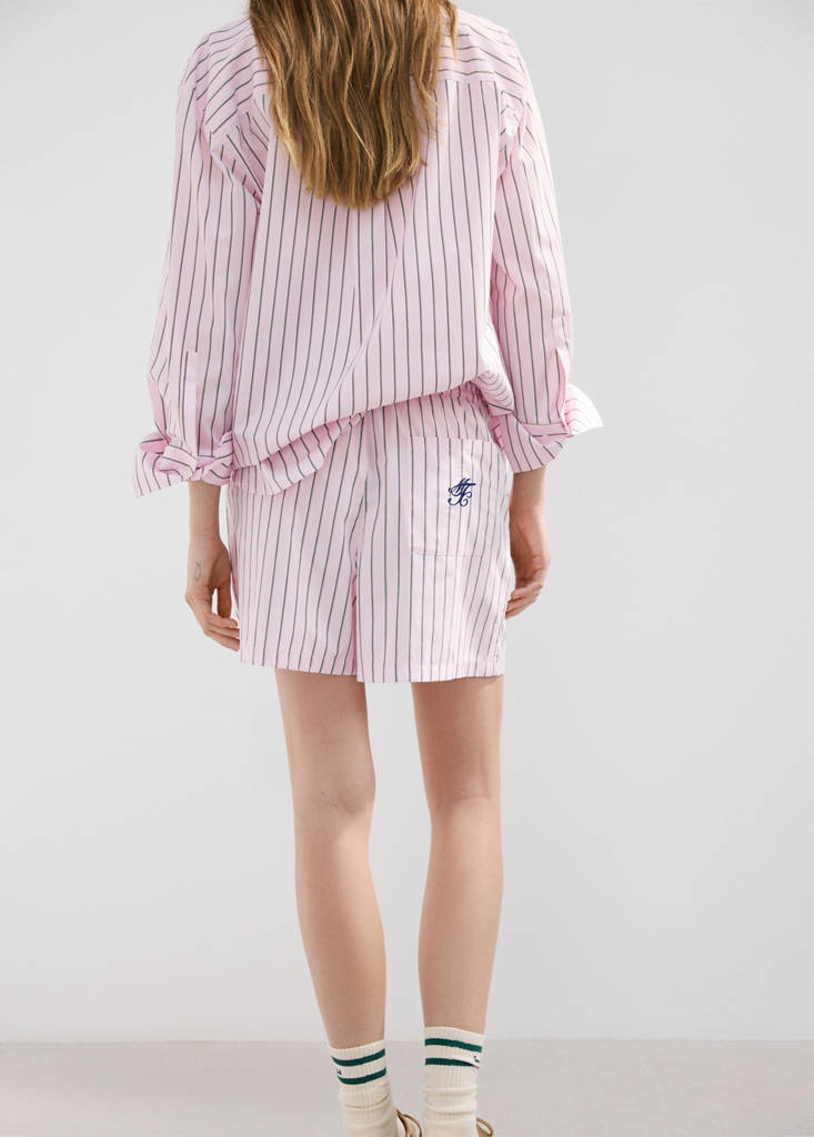 Striped poplin shorts with embroidered message — Pastel Pink