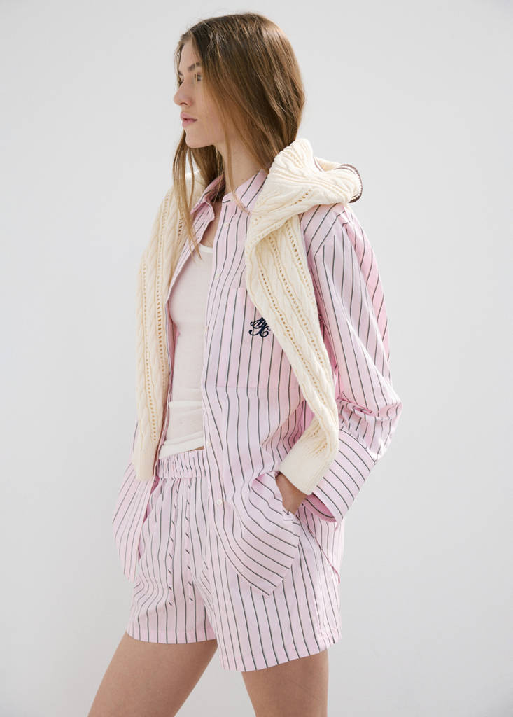 Striped poplin shorts with embroidered message — Pastel Pink