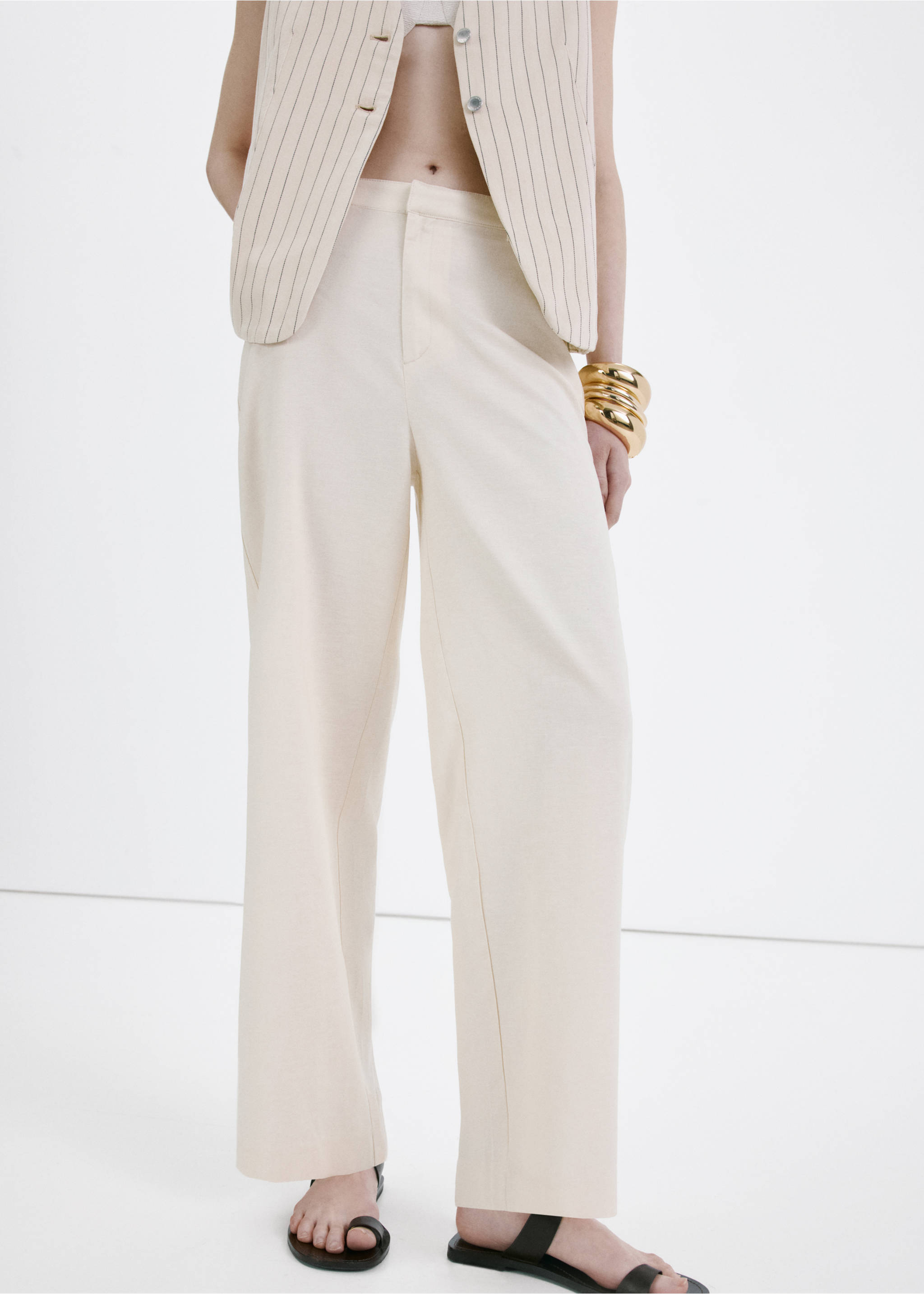 Linen high-waist trousers - Medium plane, Beige. Ref: 27077783-00.