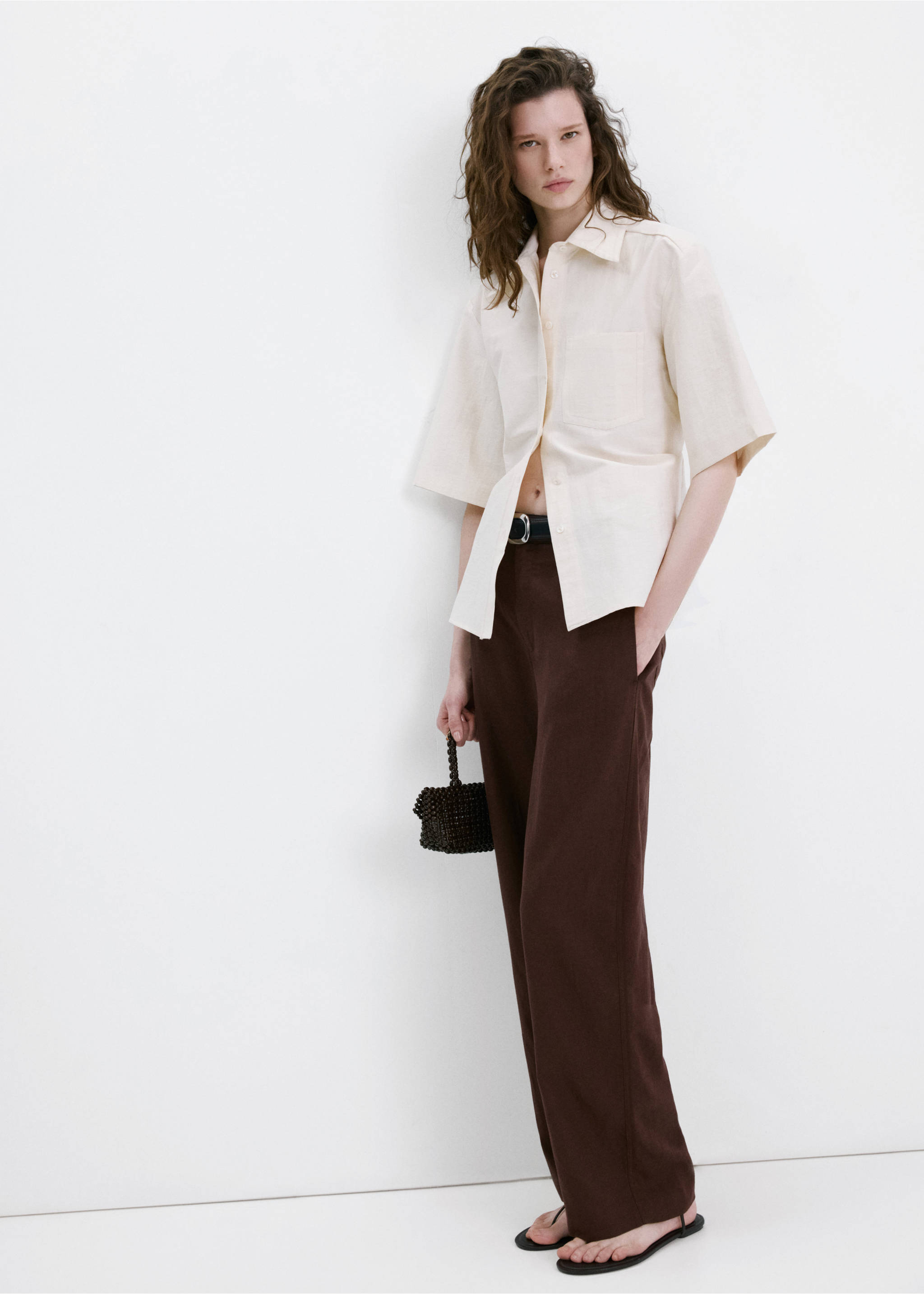 Linen high-waist trousers - General plane, Chocolate. Ref: 27077783-00.