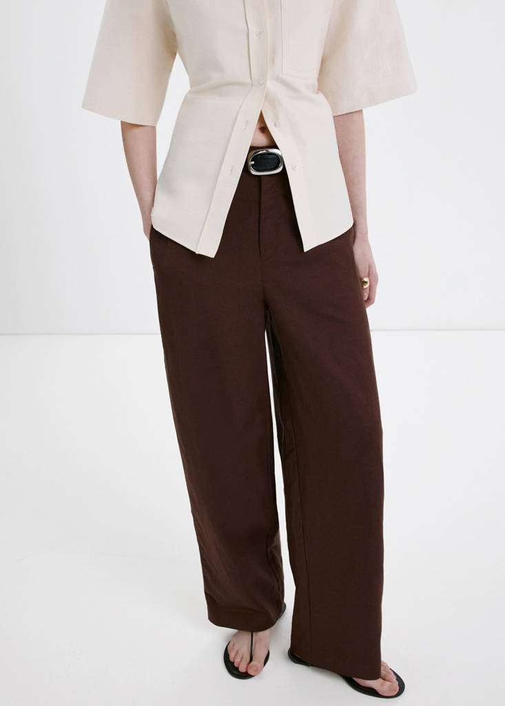 Linen high-waist trousers — Chocolate