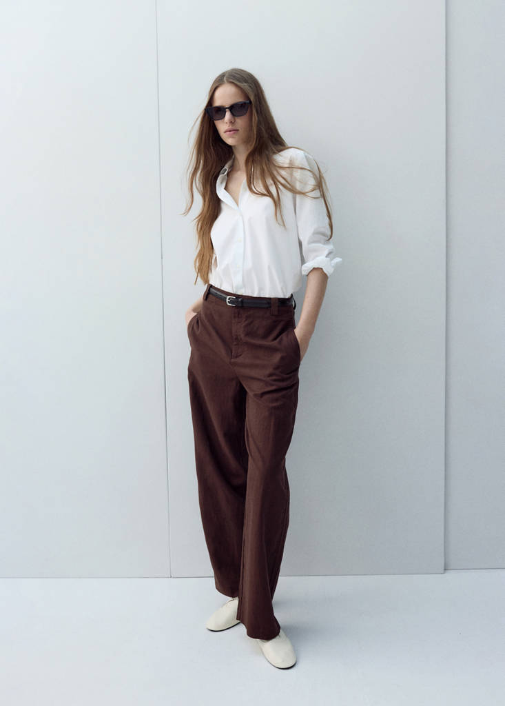 Linen high-waist trousers — Chocolate