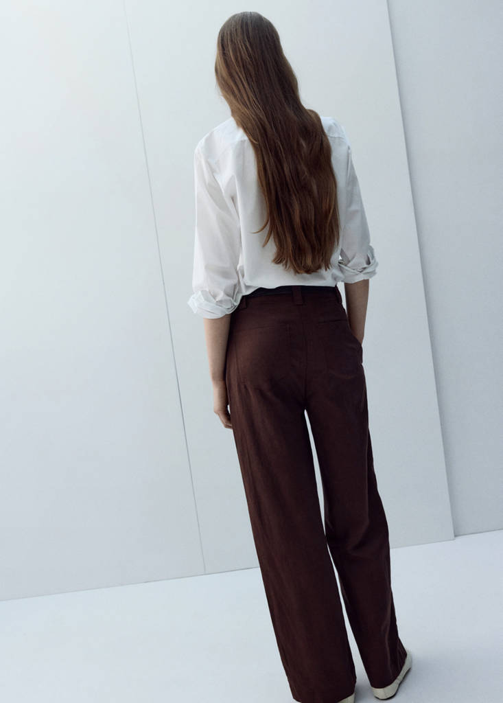 Linen high-waist trousers — Chocolate