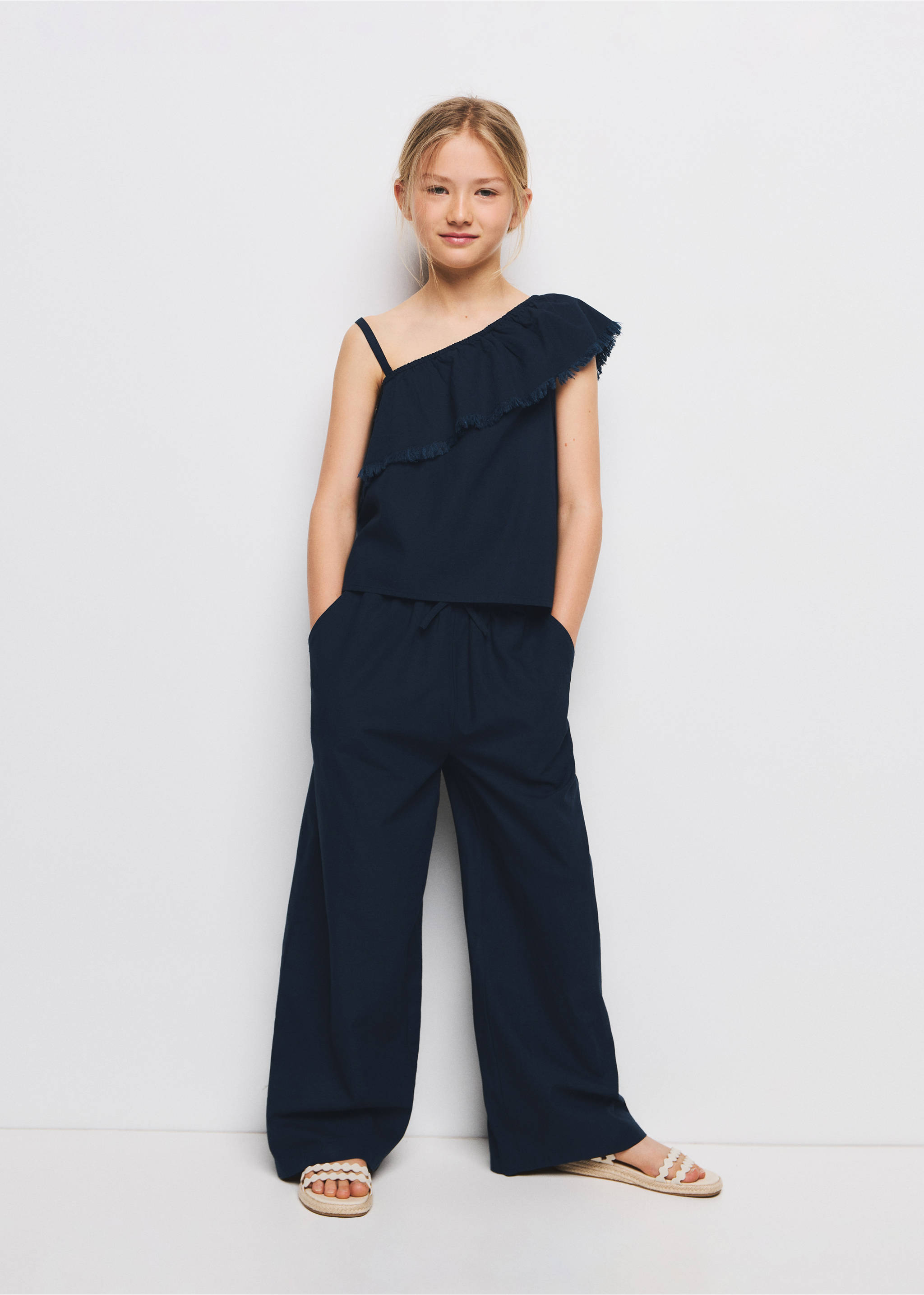 Straight-leg linen-cotton blend trousers - Medium plane, Navy. Ref: 27077908-00.