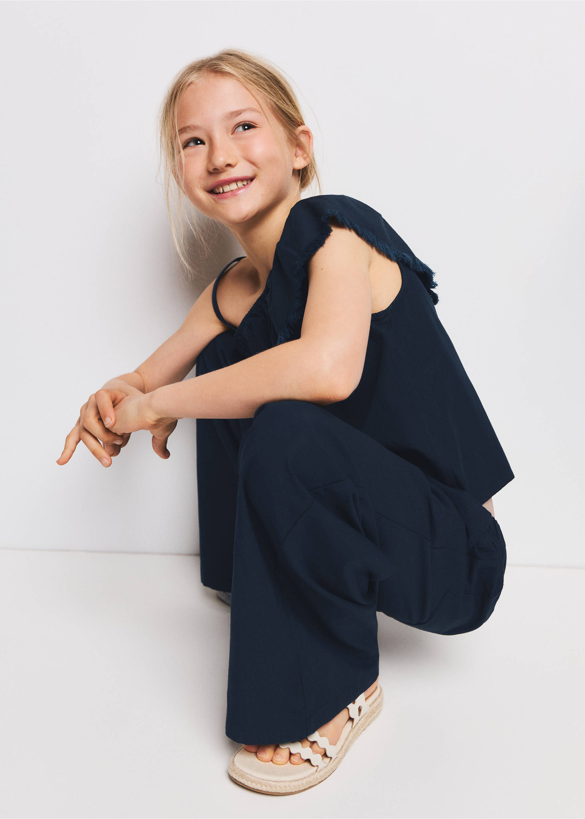 Straight-leg linen-cotton blend trousers - Details of the article 1, Navy. Ref: 27077908-00.