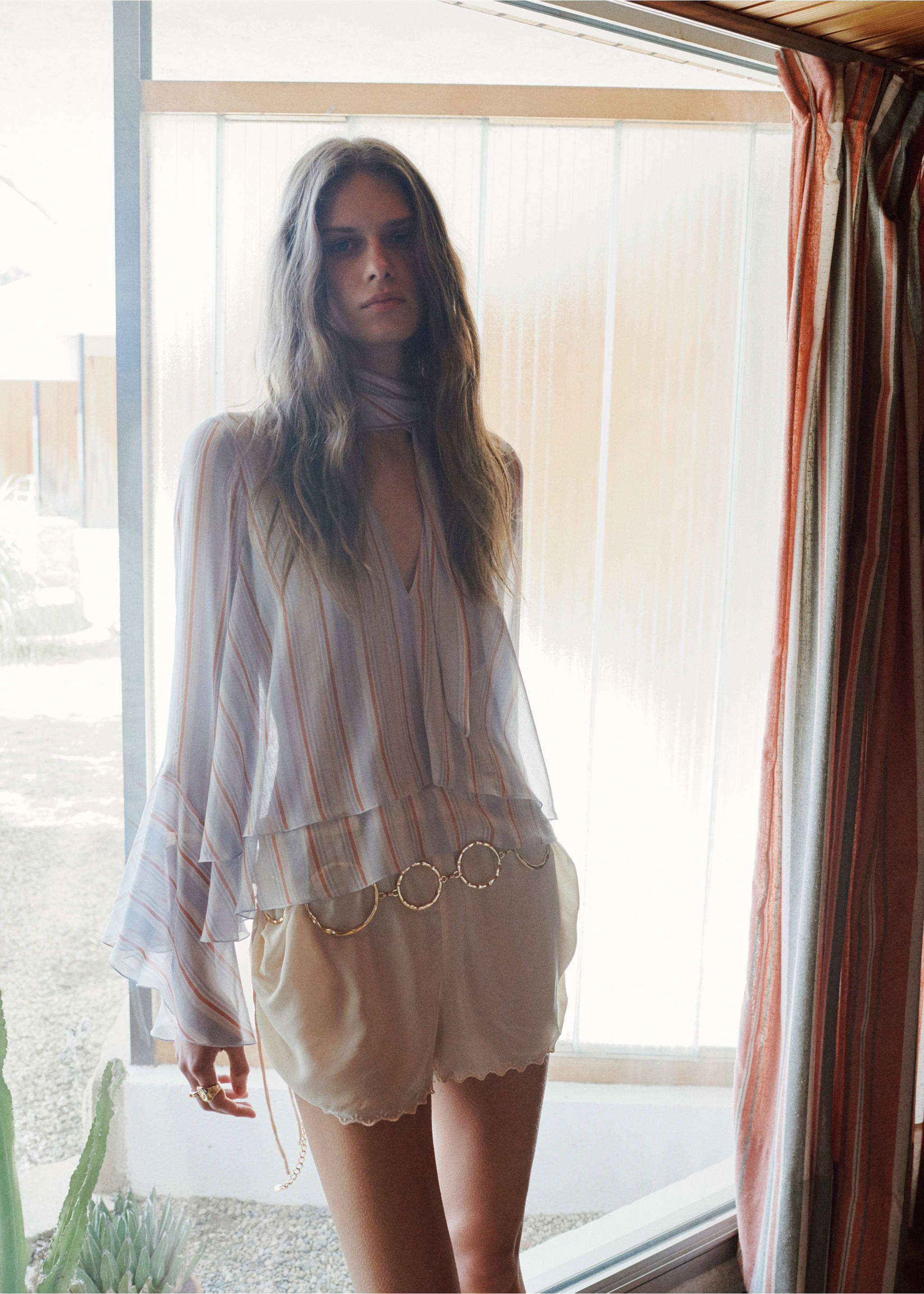 Ruffles stripe-patterned blouse - Details of the article 1, Blue. Ref: 27077941-00.