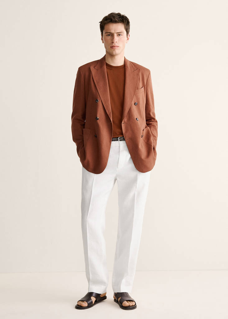 Slim fit double-breasted linen blend jacket — Russet