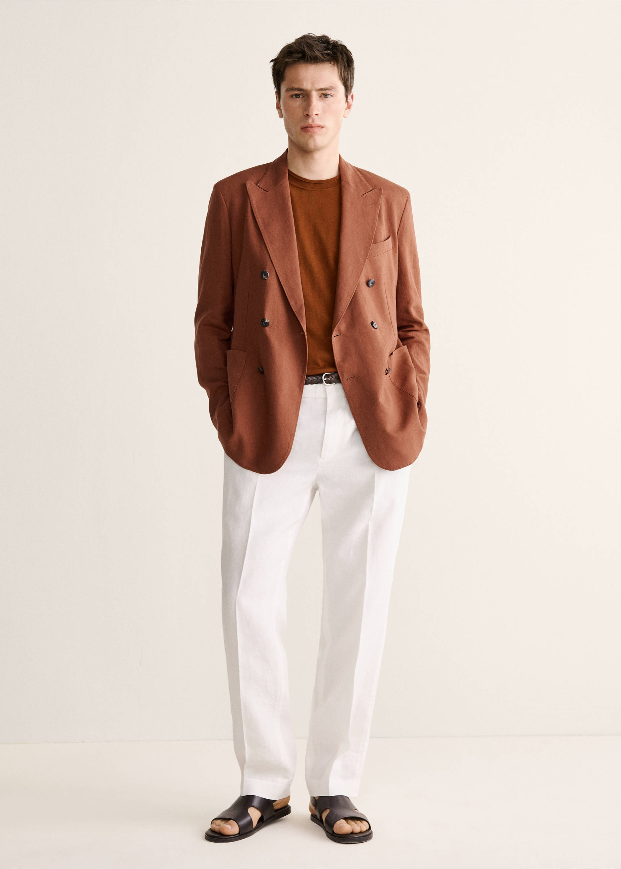 Americana mezcla lino slim fit cruzada - Plano general, Rojo anaranjado. Ref: 27078270-00.