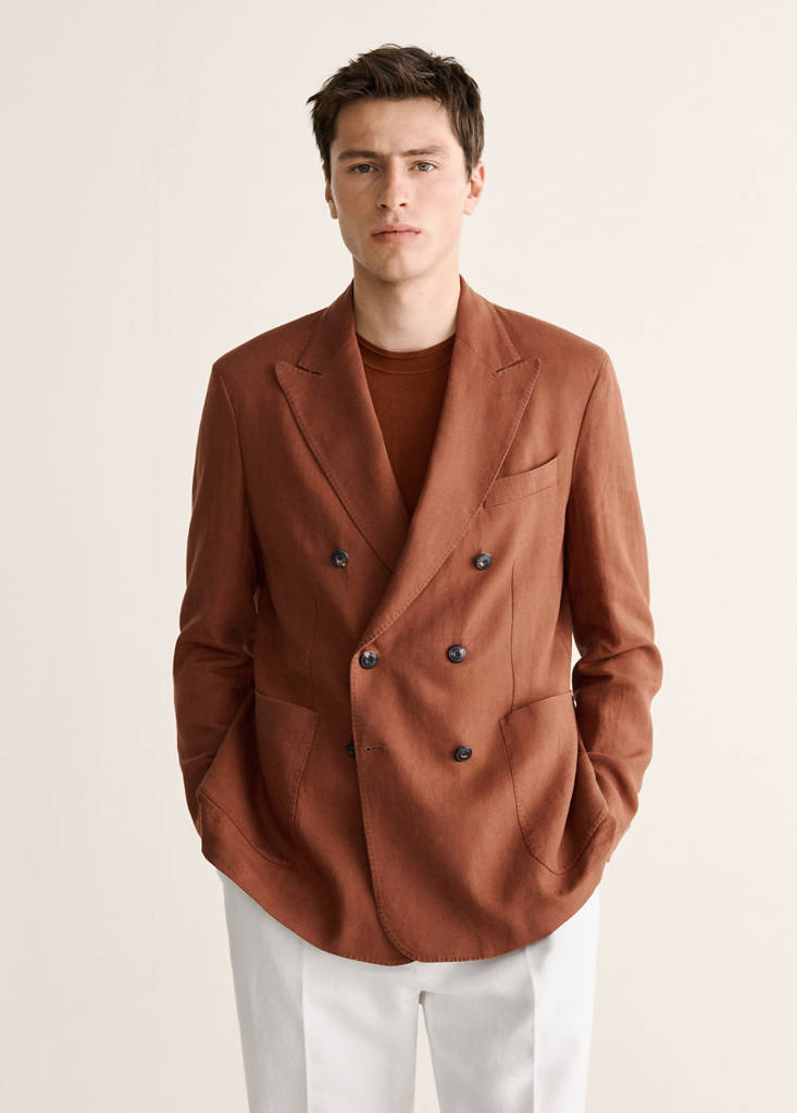 Slim fit double-breasted linen blend jacket — Russet