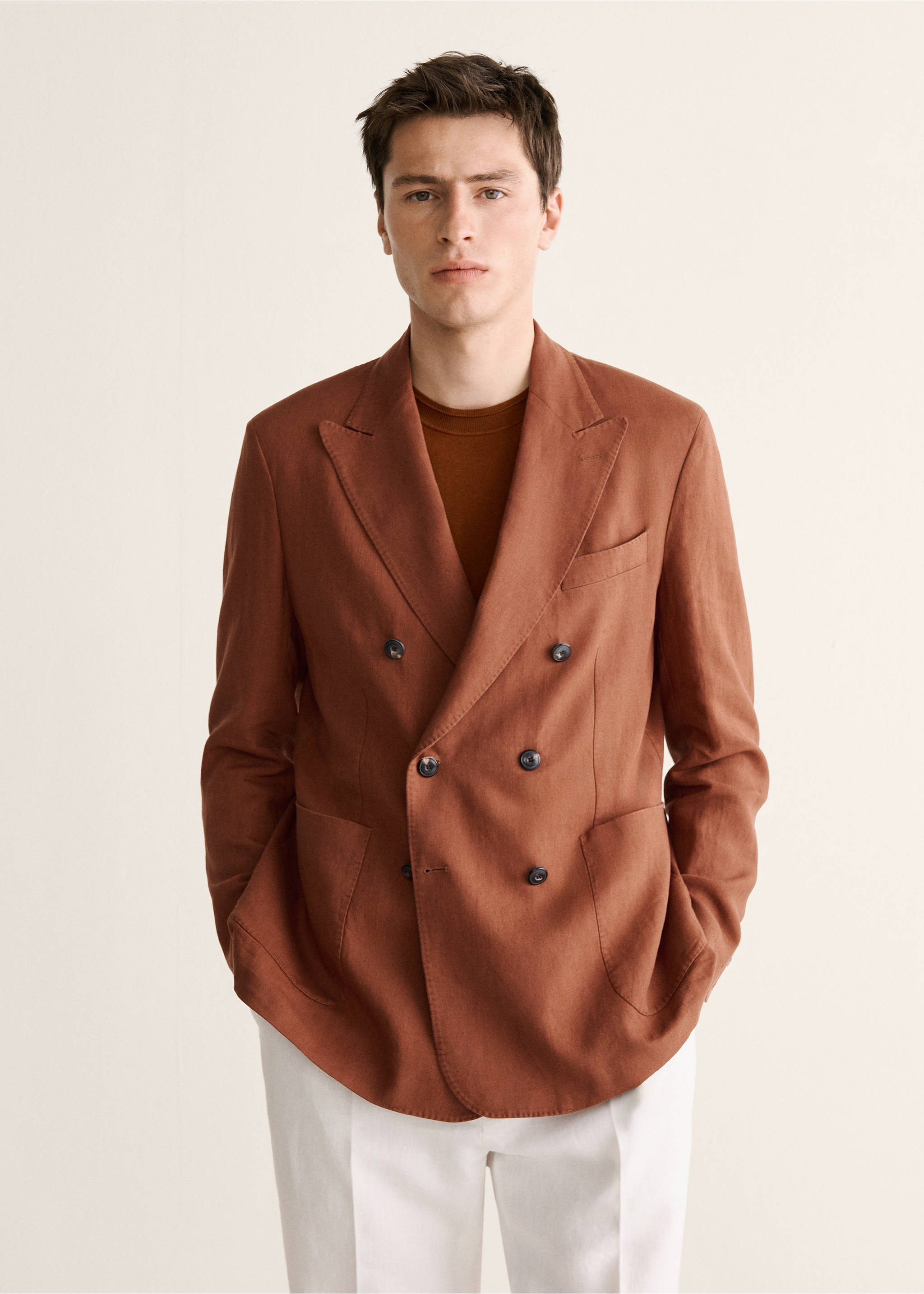 Americana mezcla lino slim fit cruzada - Plano medio, Rojo anaranjado. Ref: 27078270-00.