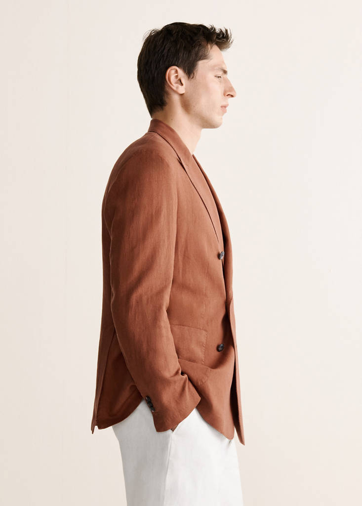 Slim fit double-breasted linen blend jacket — Russet