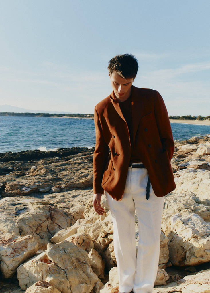 Slim fit double-breasted linen blend jacket — Russet