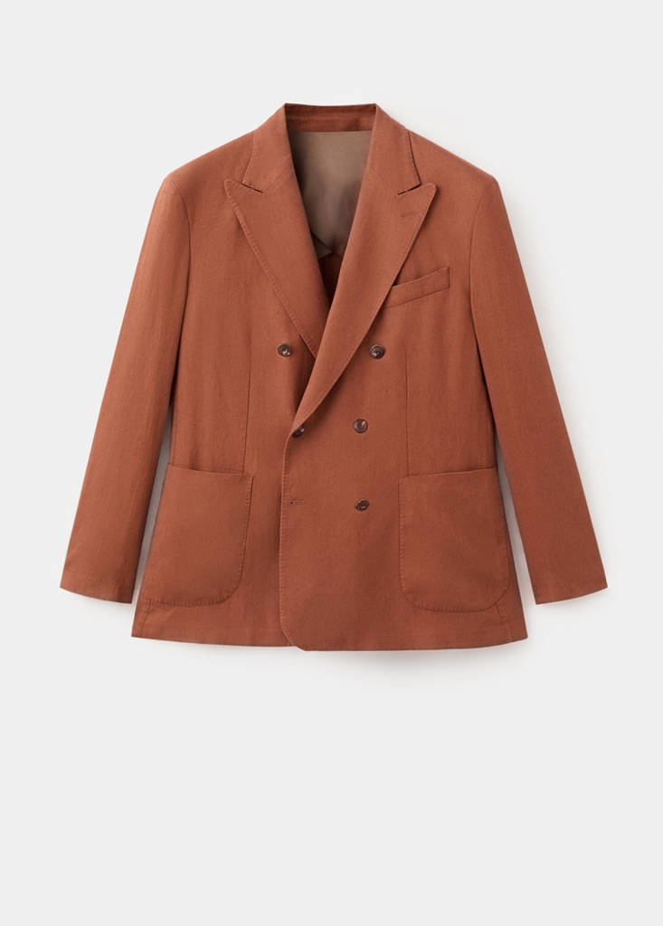 Slim fit double-breasted linen blend jacket — Russet