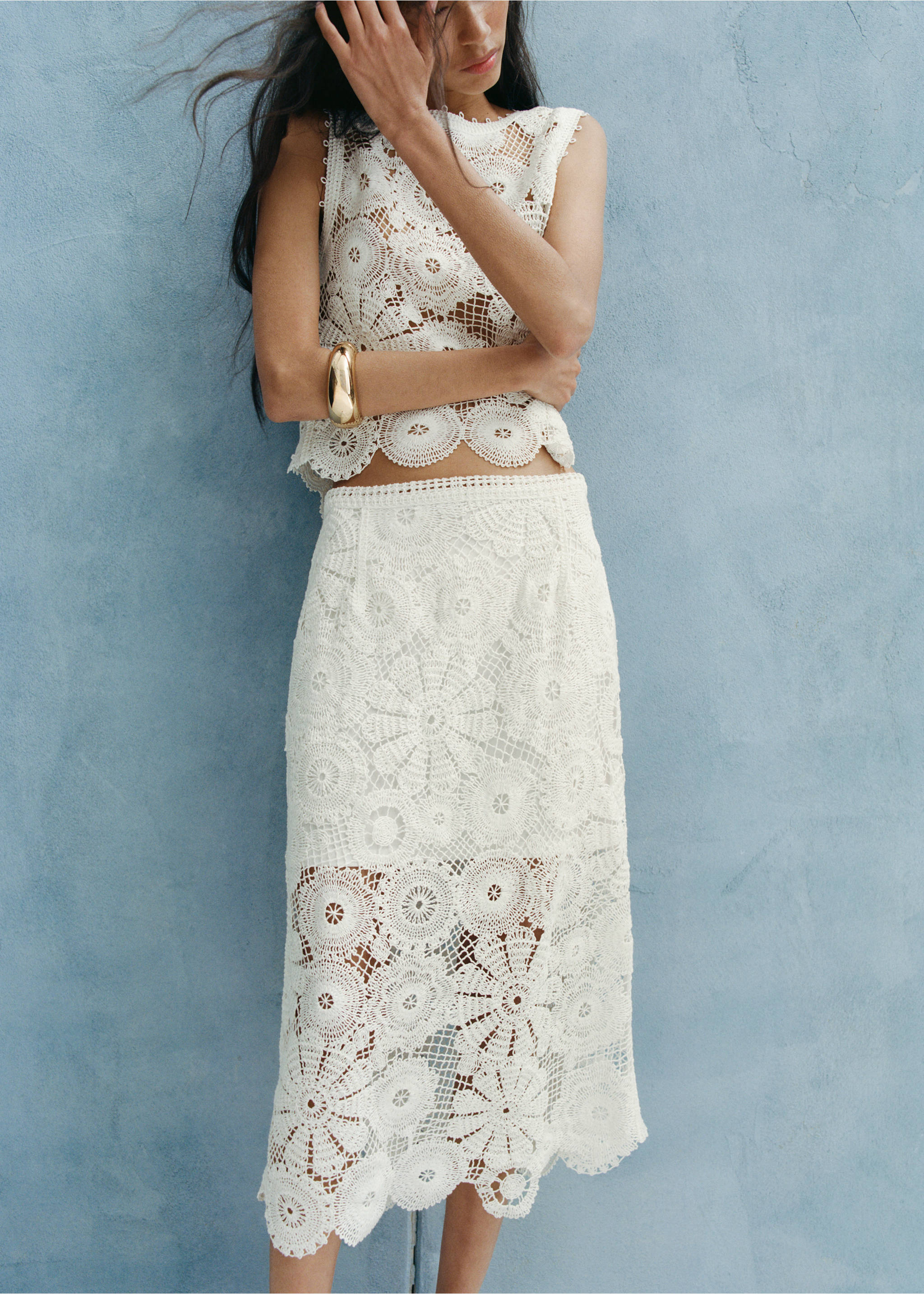 Crochet midi skirt - Medium plane, Off White. Ref: 27079055-00.