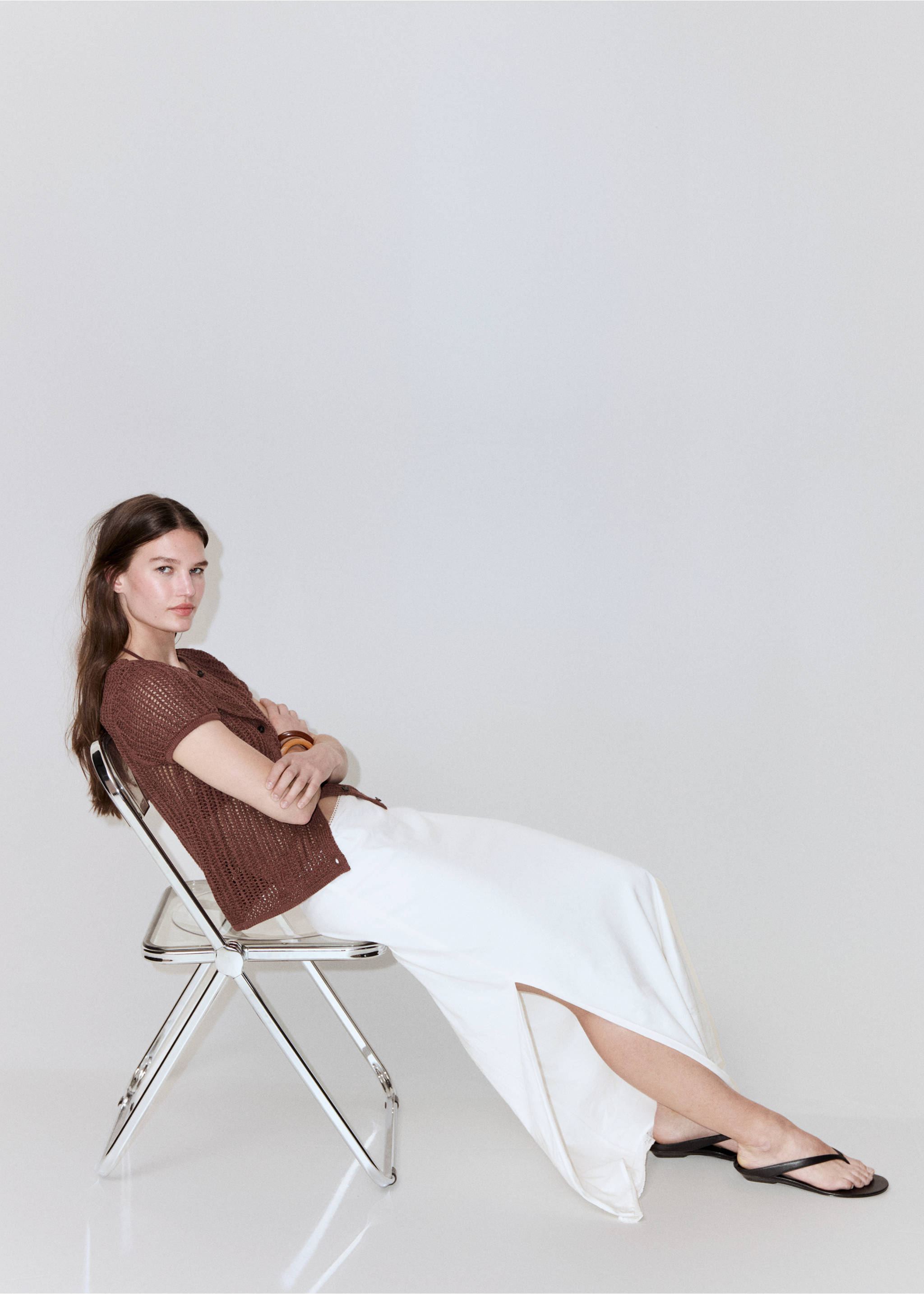 Linen skirt with lace details - Details of the article 2, Off White. Ref: 27079069-00.