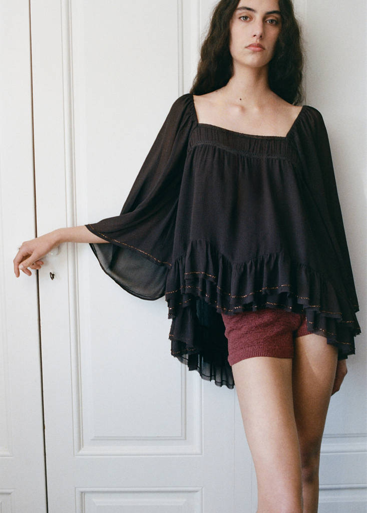 Ruffled blouse with bead embellishments — Brown