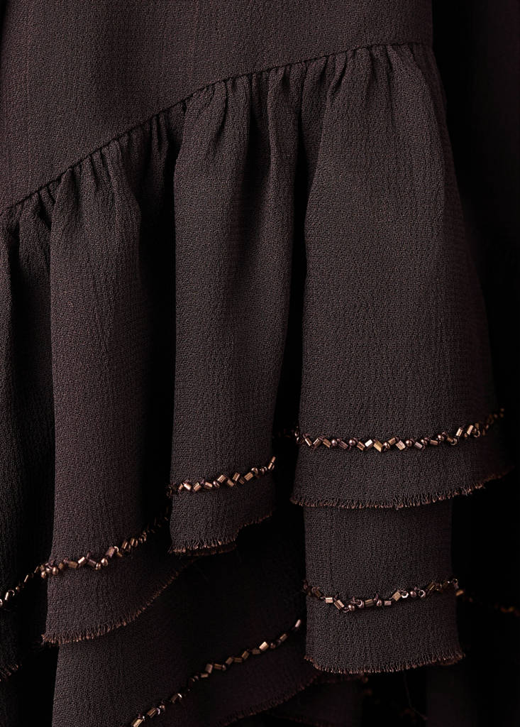 Ruffled blouse with bead embellishments — Brown